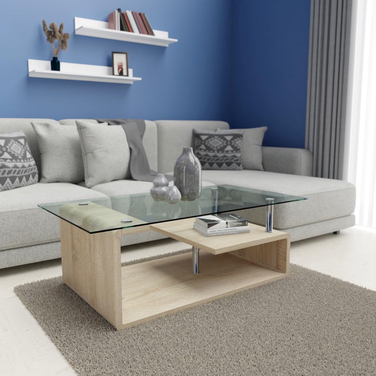 Somnia Descanso - Mesa de Centro de Cristal, Mesita de Salón o Comedor, Modelo Sara, Acabado en Color Cambria, Medidas: 120 cm (Ancho) x 65 cm (Fondo) x 42 cm (Alto)