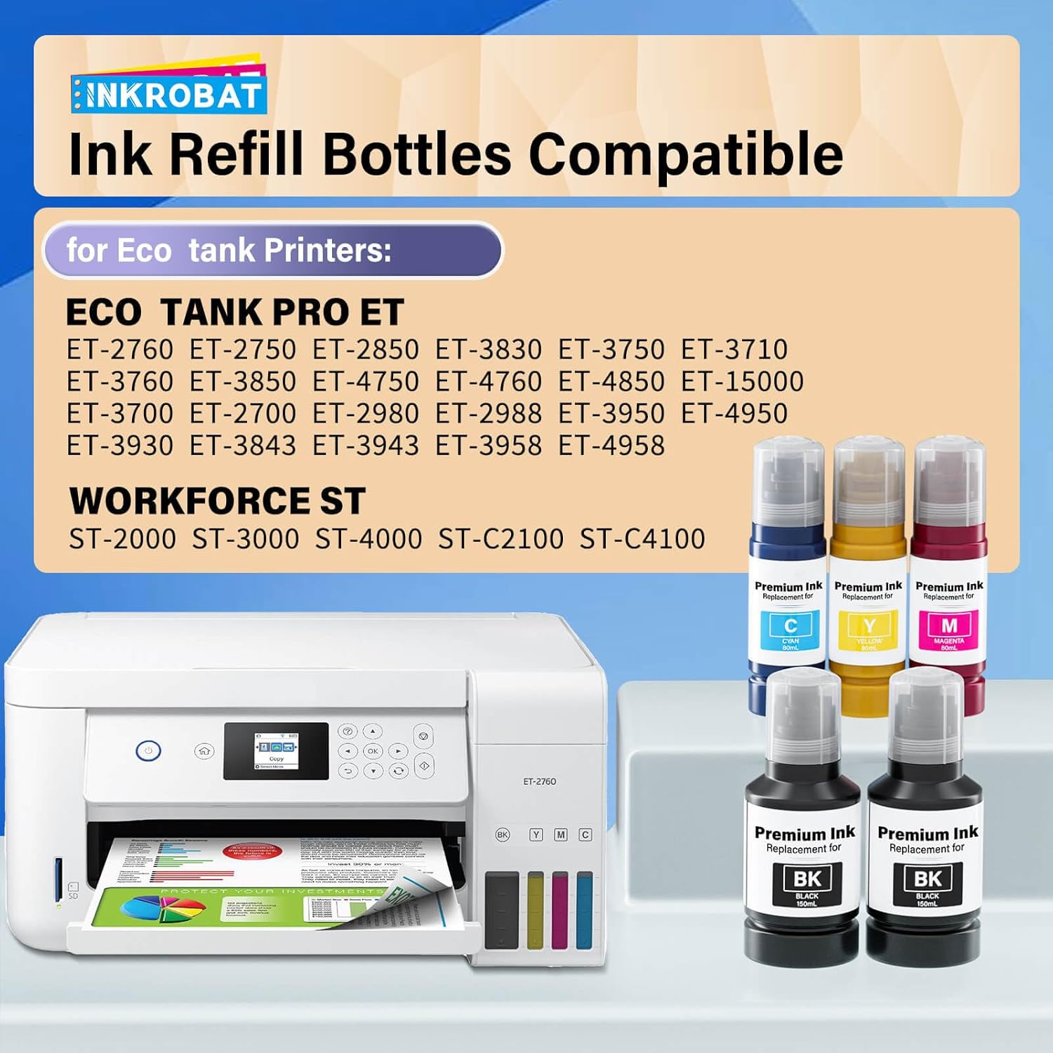 Compatible for T502 Ink Refill Bottles (NotSublimation) Compatible for Epson Eco Tank ET-3850 ET-2850 ET-3760 ET-2760 ET-15000 ET-4850 ET-4760 ET-3830 ET-2980 ET-4750 ET-3950 ET-4950 Printer (5-Packs)