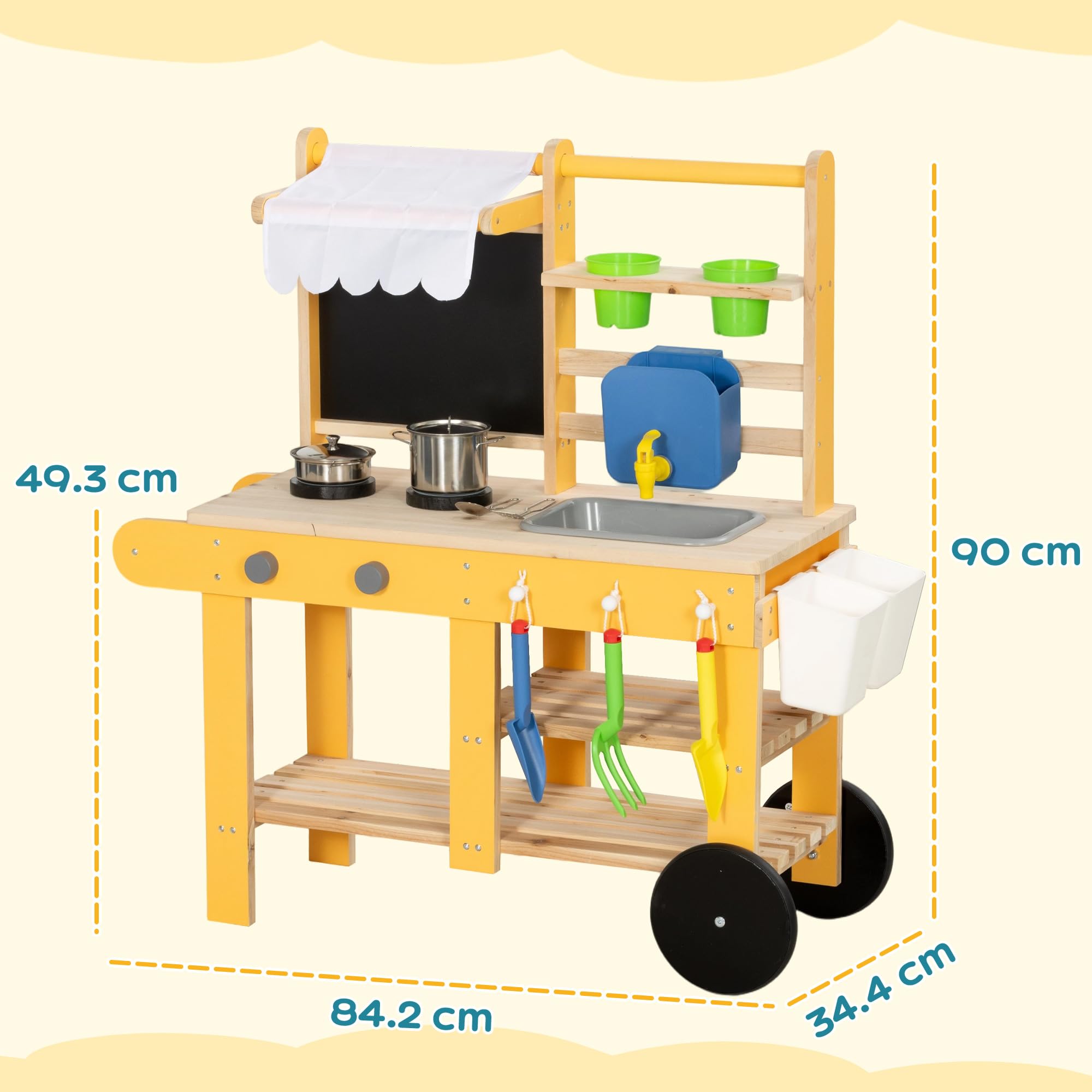 AIYAPLAY Cucina Giocattolo per Bambini, Cucina in Legno per Bambini con 2 Portavasi, Ruote, Fornello, Lavagna, Lavandino, Ripiano e 15 Accessori, 3+ Anni