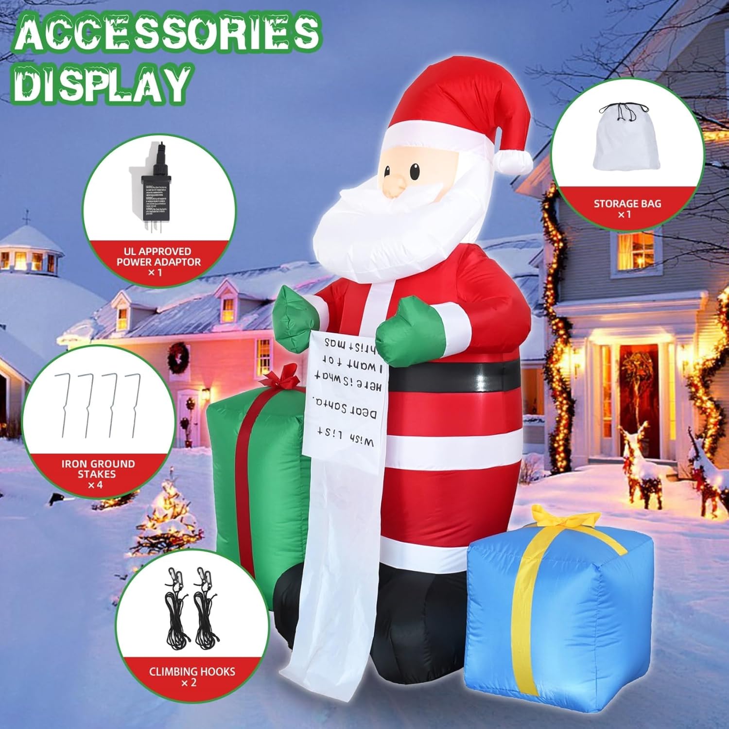 6FT H Christmas Inflatable Santa Claus Holding a Long Wish List with Gift Boxes, Christmas Blow up with Build-in LED Lights Outdoor Indoor Large Party Yard Decoration