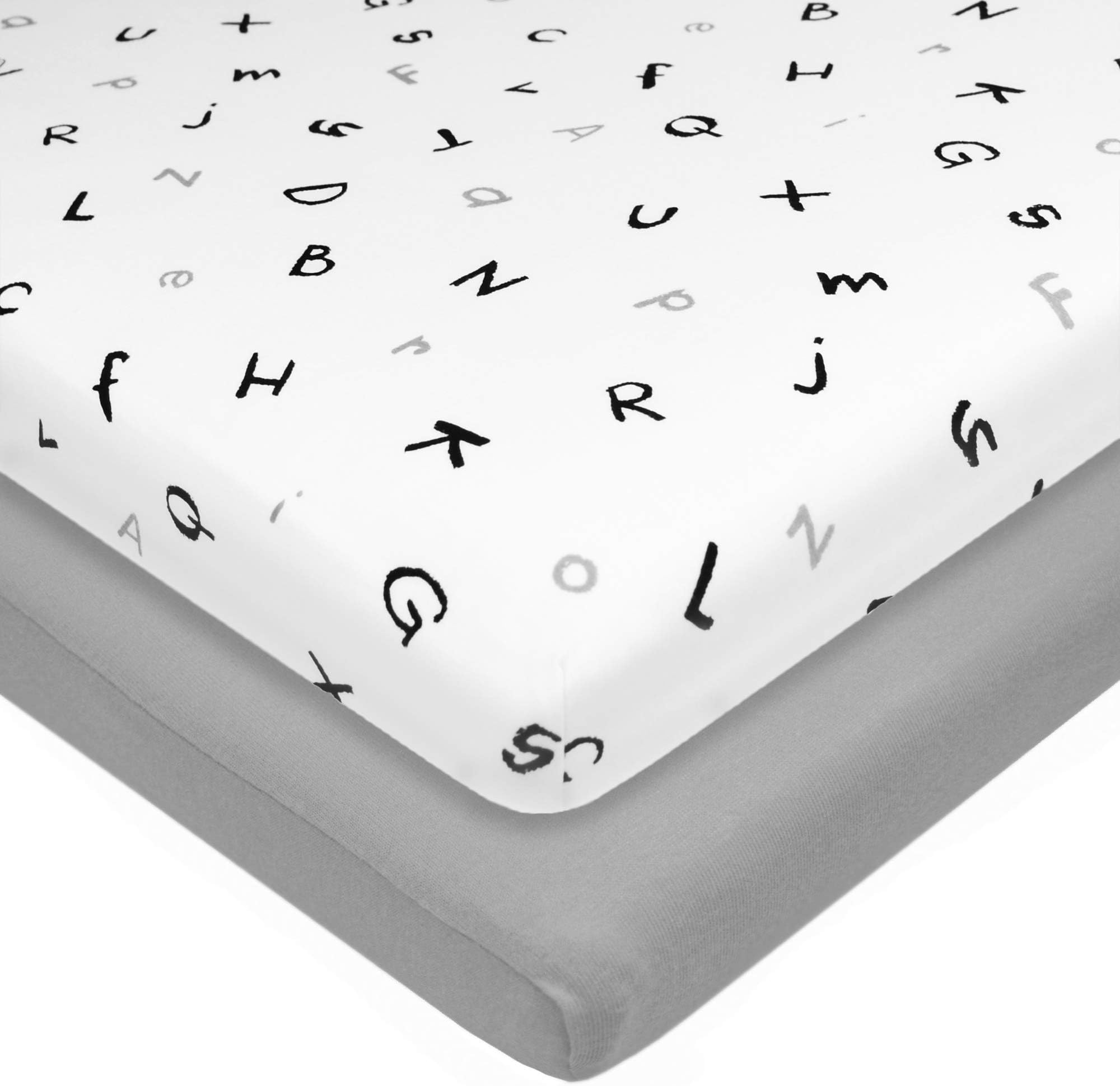 American Baby Company15" x 33" Fitted Bassinet Sheet, 100% Natural Cotton Jersey Knit, Gray/Alphabet, Soft Breathable, for Boys and Girls, Pack of 2
