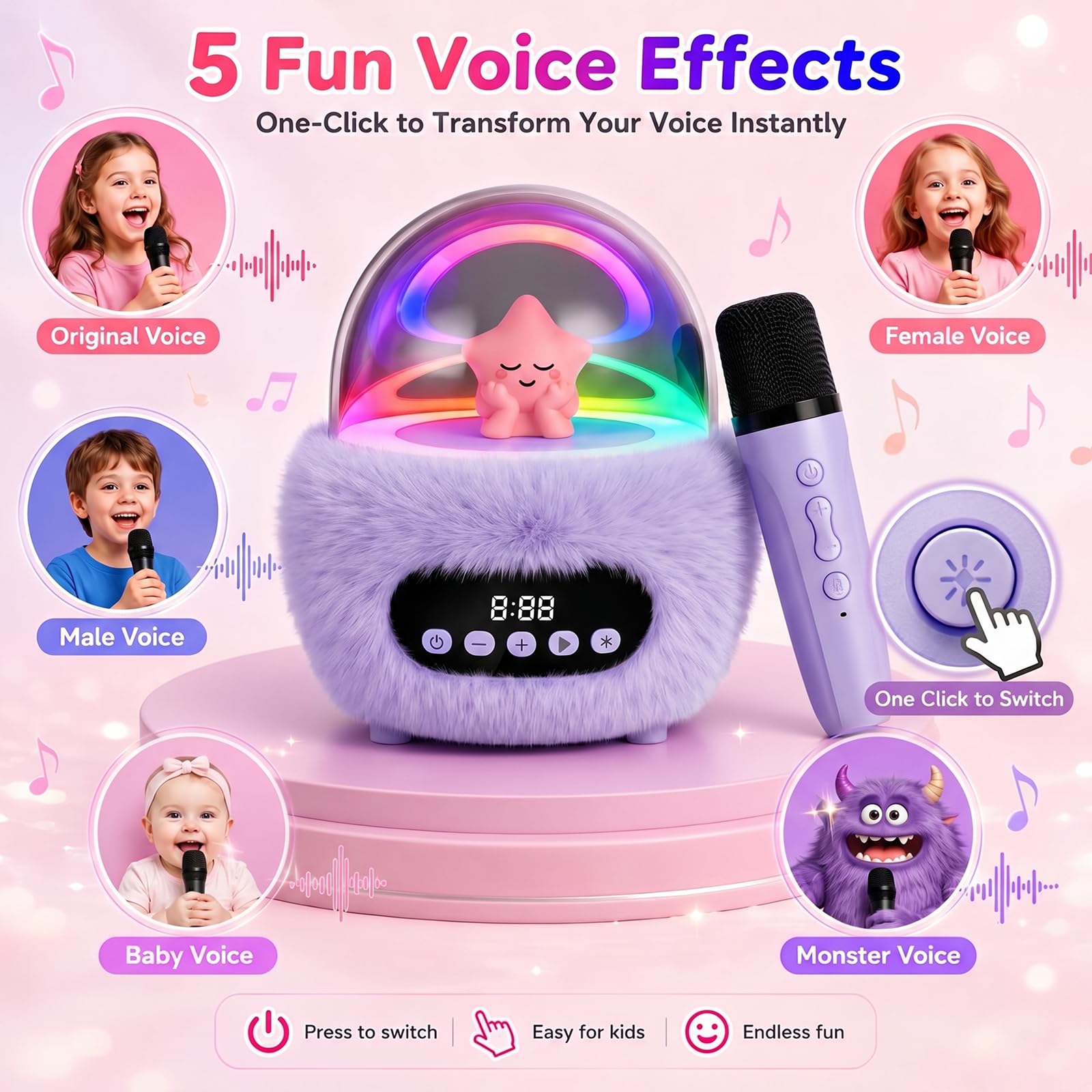 Macchina per karaoke per bambini con 2 microfoni: altoparlante Bluetooth portatile senza fili con luci RGB da discoteca, 4 effetti vocali, giocattolo cantante di compleanno per ragazze e ragazzi dai 3