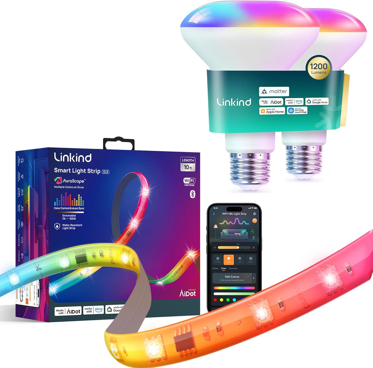 Matter Smart Light Bulb BR30 1200LM 2 Pack and LED Strip Lights RGB 10ft Compatible with Alexa and Google Home