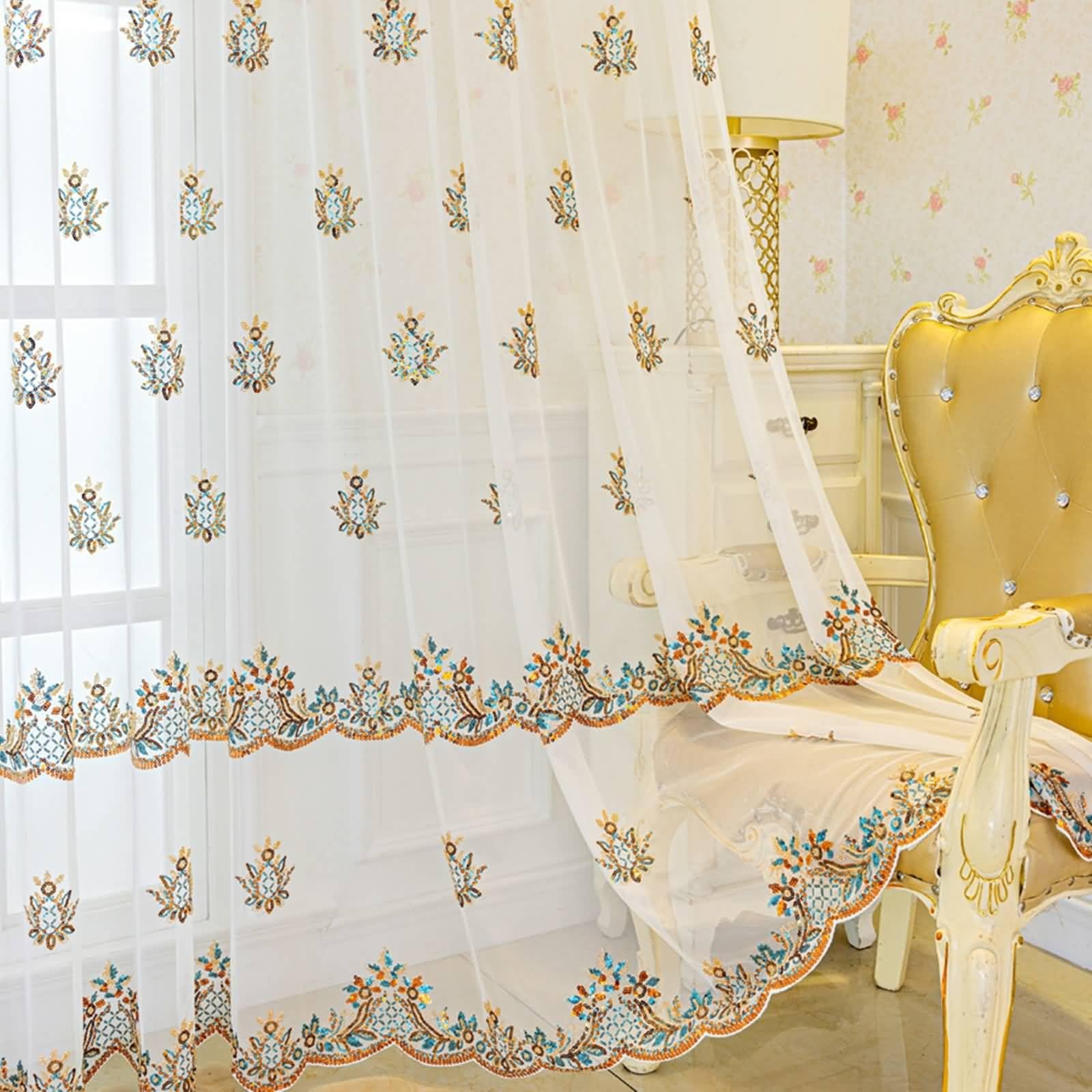 Vorhänge Küche Bunt, Polyester Gardienen mit Pailletten Blumenmuster, 107X213cm-2Pcs