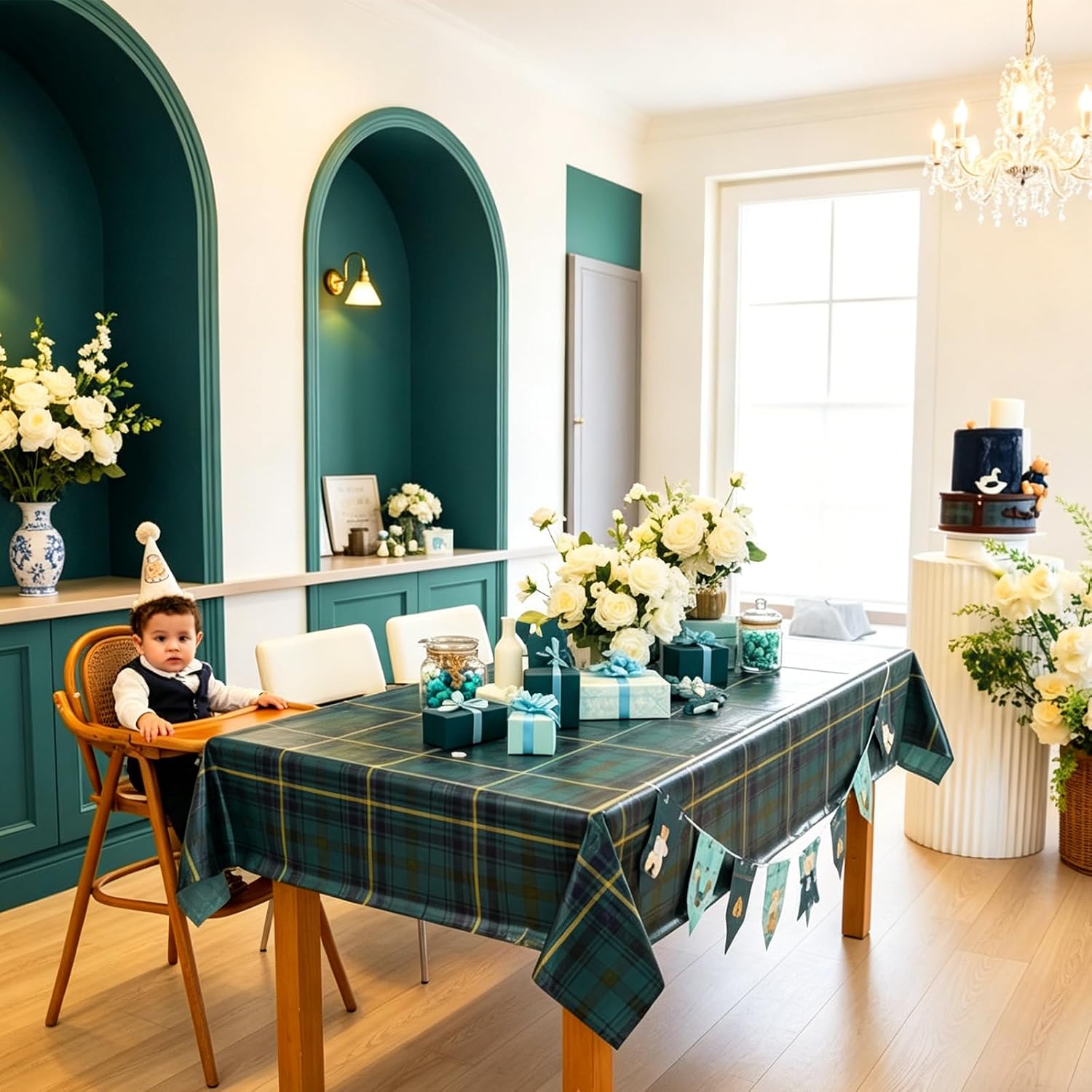 Fanfanwin 4 Pcs Green Blue Tartan Plaid Baby Shower Decorations Tablecloth 108 x 54 Inch PE Plastic Preppy Table Covers for Vintage Baby Shower Birthday Party Decoration Home Kitchen Table Decor