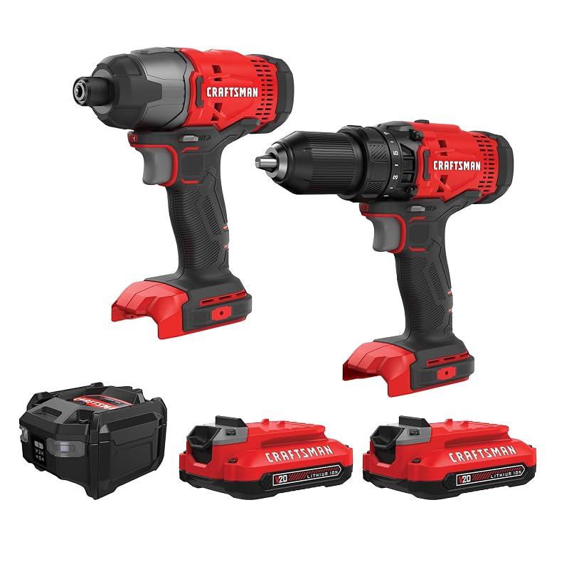 CRAFTSMAN V20 MAX Cordless Drill Driver and Impact Driver Set, Power Tool Set with 2 Batteries and Charger, LED Work Light, 2 Bits, Bag (CMCK200C2) 2 Tool Combo Kit