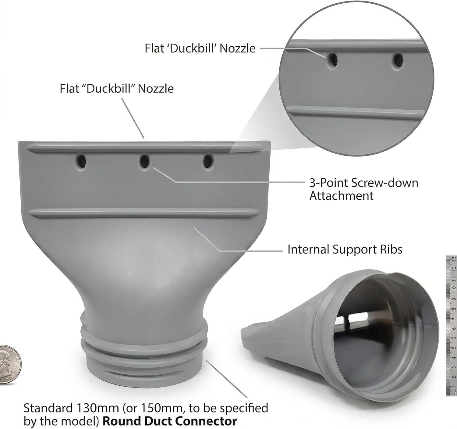 Flat Vent Nozzle for Portable AC Hose, 1" Tall x 10.24" Wide Slim Window Gap Adapter, Dual-Thread Connector (5.12" & 5.9"), Replacement Exhaust Vent with Support Pins, Tool-Free Installation