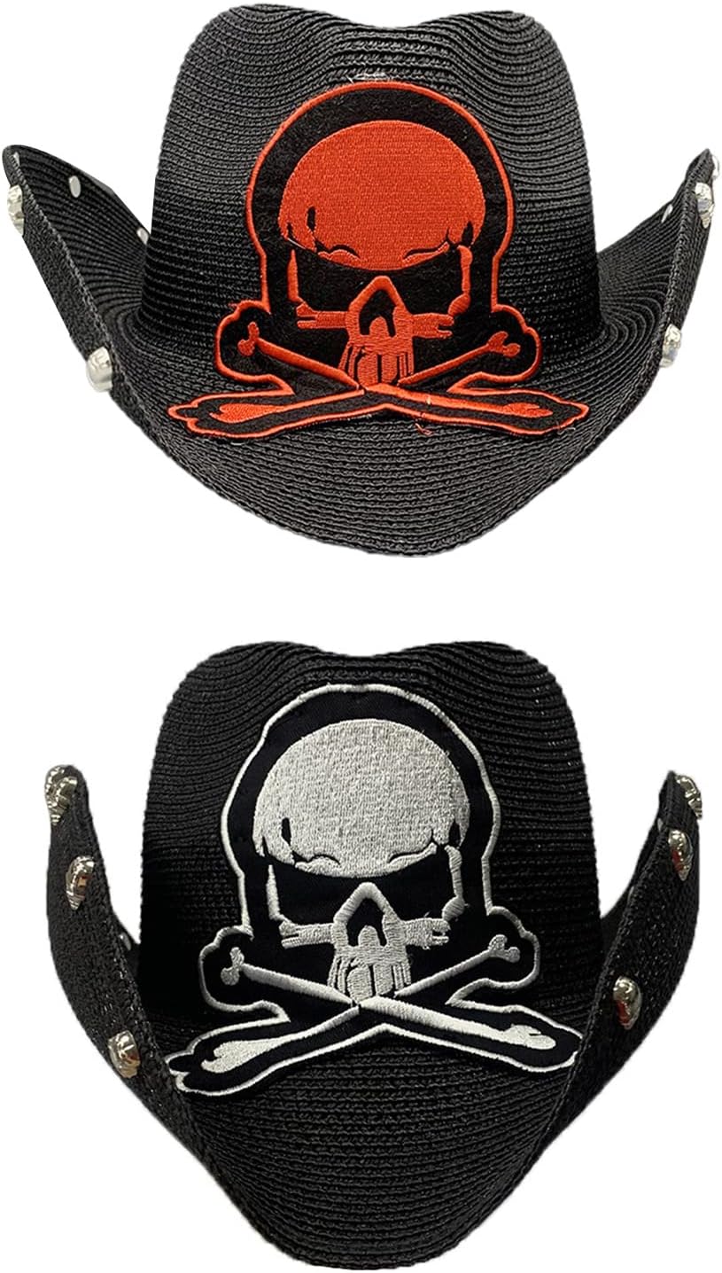 Cowboy hat,Punk Straw Weaving for Men Western Hats with Embroidery Skull Model Sunproof Hats