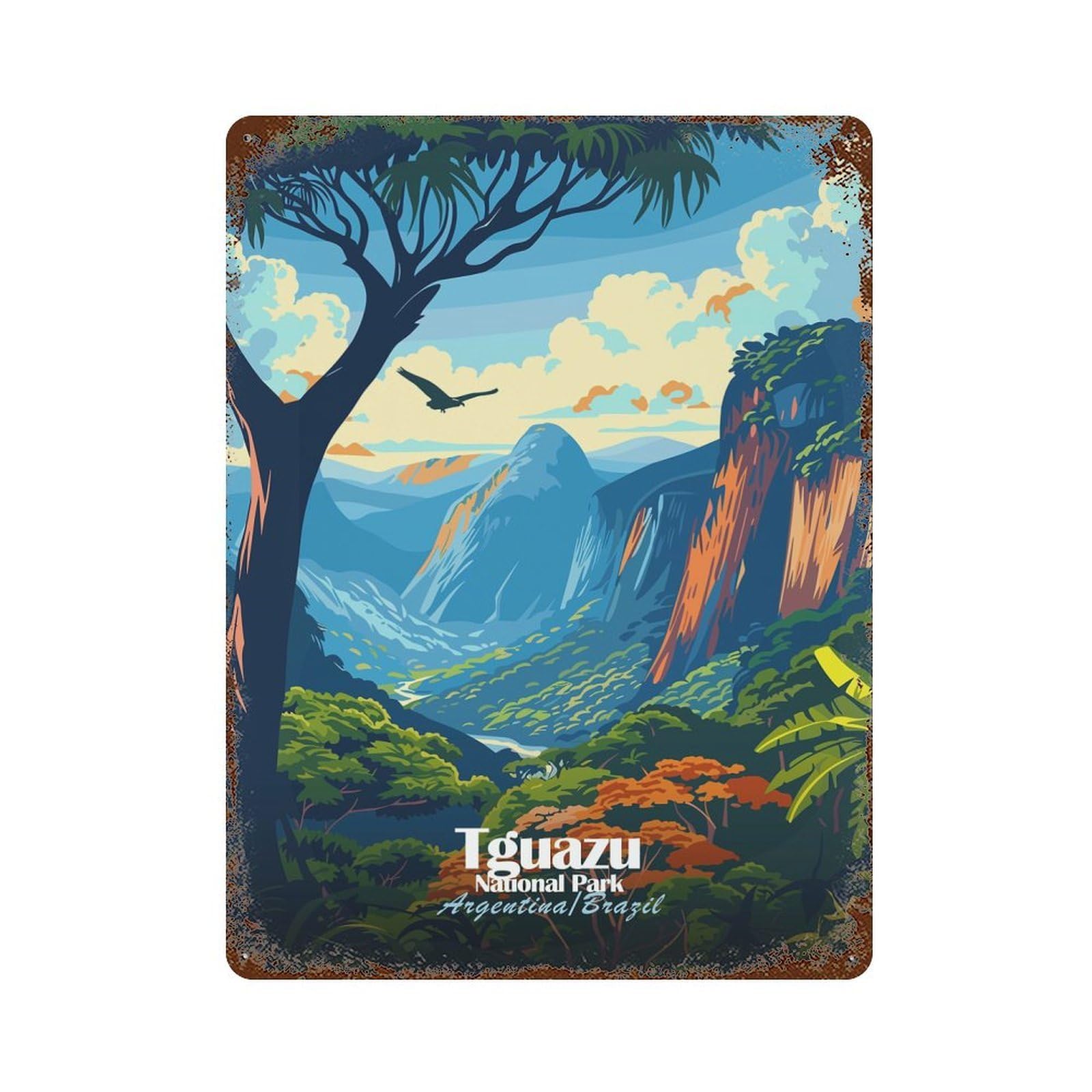 Iguazu National Park Illustration Rust Effect Tin Sign 15.7"x11.8", Old School Wall Decor for Farmhouse, Kitchen And Entryway Decor