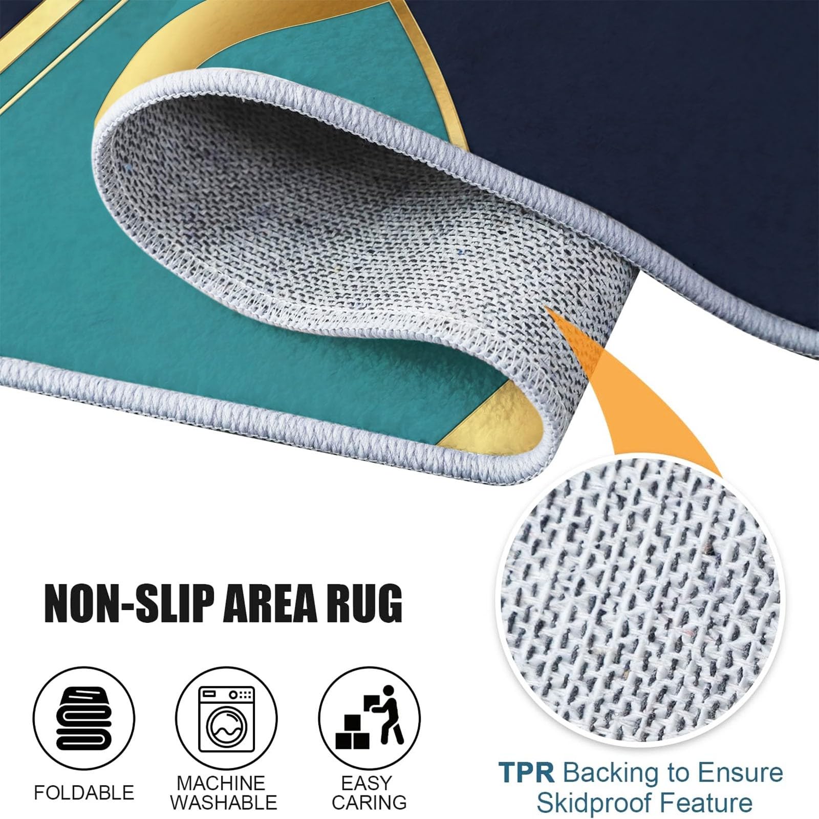 Tapis Rond Salon 180 cm Géométrique Abstrait Blocs De Couleur Bleu Canard & Lignes Dorées Tapis de Sol Décoration Antidérapant pour Salle De Séjour Intérieur, Bleu Doré