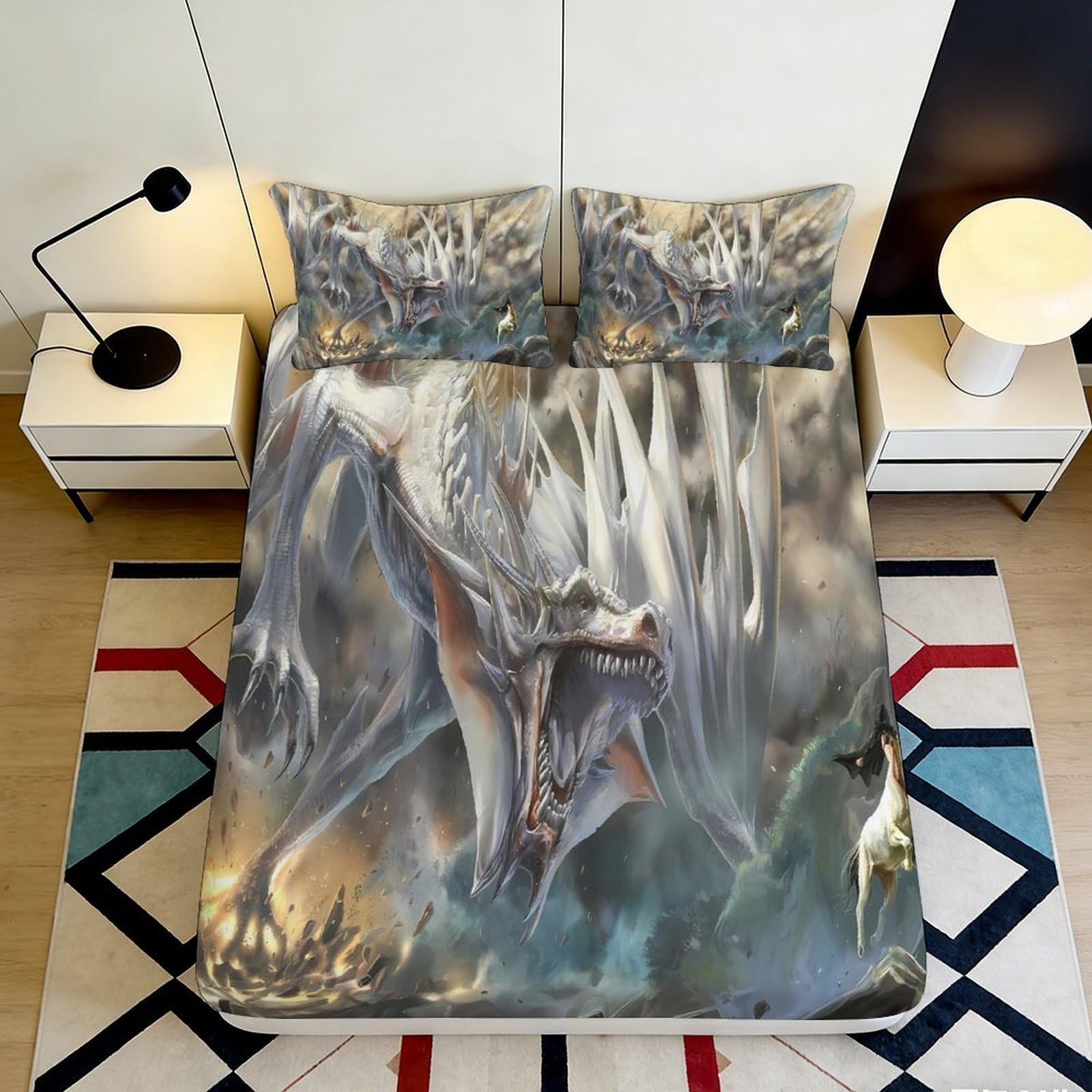 3D Printed White Dragon Fitted Sheet Microfiber Soft Fantasy Forest Bed Cover for Bedroom Dorm Mattress Protection Decor 180x200x25cm