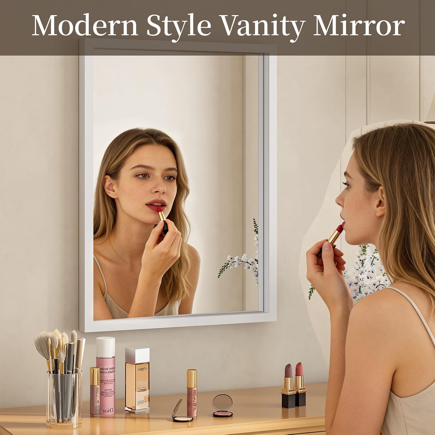 Syndra White Wood Frame Bathroom Mirror, 22''x30'' Modern Vanity Mirror for Wall, Waterproof Slim Deep Frame, Rectangular HD Tempered Glass Mirror for Living Room, Bedroom, Entryway, Rustic, Farmhouse