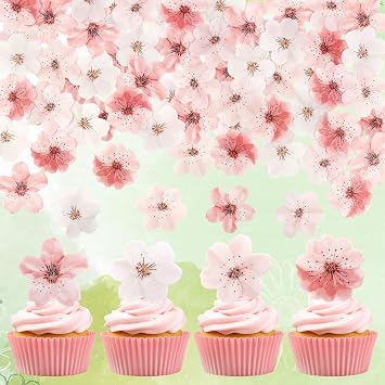 50 Pcs Cherry Blossom Cupcake Toppers Edible Blossoms Cake Toppers Pink Flowers Birthday Cake Decorations Insert for Cherry Birthday Baby Shower Wedding Party Decorations Supplies