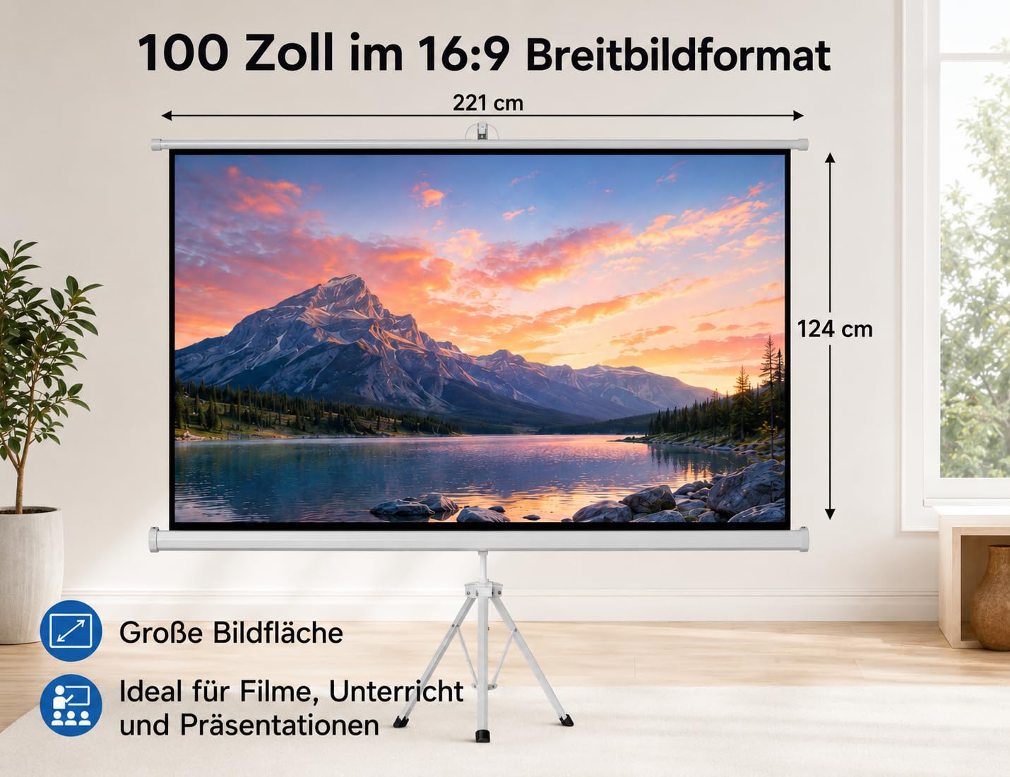 Beamer Leinwand mit Stativ,Tragbare Leinwand Beamer Outdoor 100 Zoll,Format 16:9 HD Faltbare mit Tragetasche für Haus Hinterhof Theater Nächte
