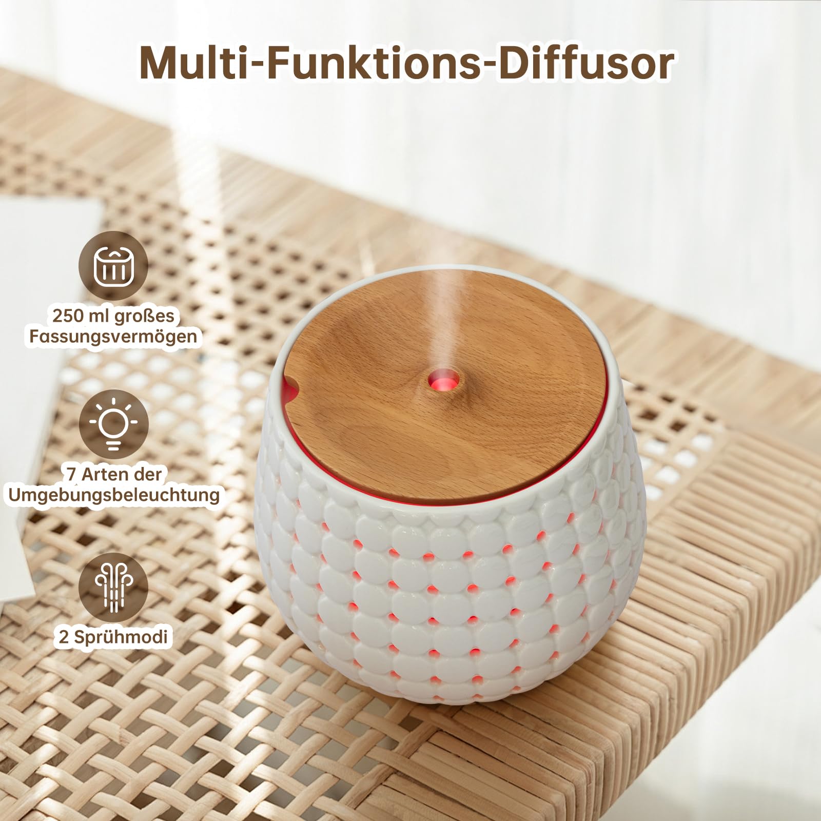 Weißer Keramik-Öl-Diffusor für ätherische Öle großen Raum, 250ml Aromatherapie-Öl-Diffusor kühlen Nebel Luftbefeuchter mit 7 Farben Lichter 2 Nebel-Modi
