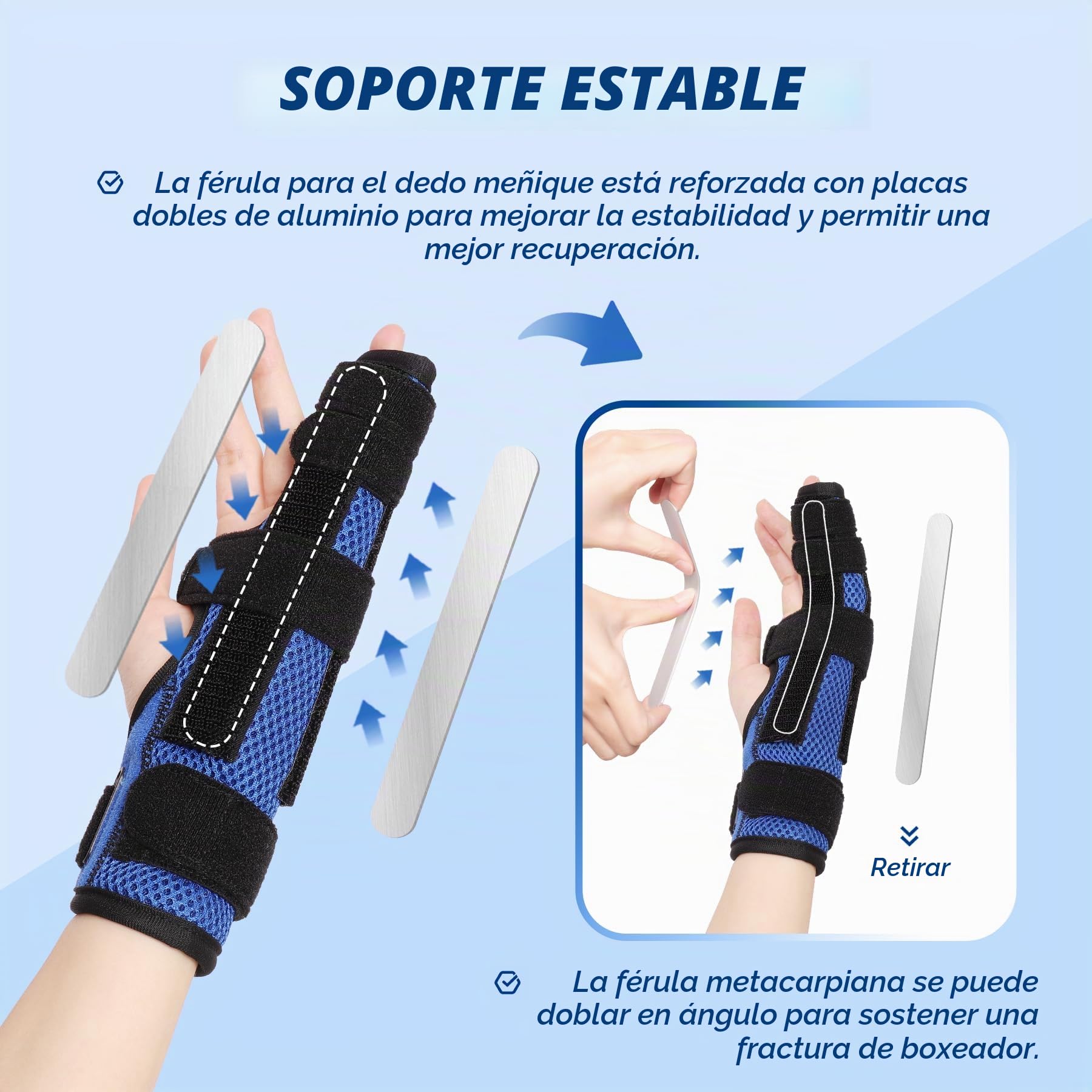 ferula dedo meñique mano derecha y izquierda, férula dedo pequeño para fracturas del 4º o 5º metacarpiano, dedo roto, fractura de boxeador, dedo gatillo, artritis, lesionado, L