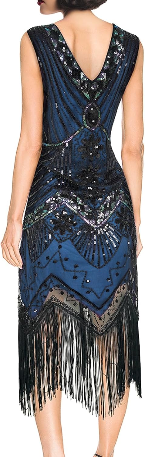 Women's 1920s Flapper Dress Vintage Lace Fringed Gatsby Cocktail Dress with 20s Accessories Set - Image 4
