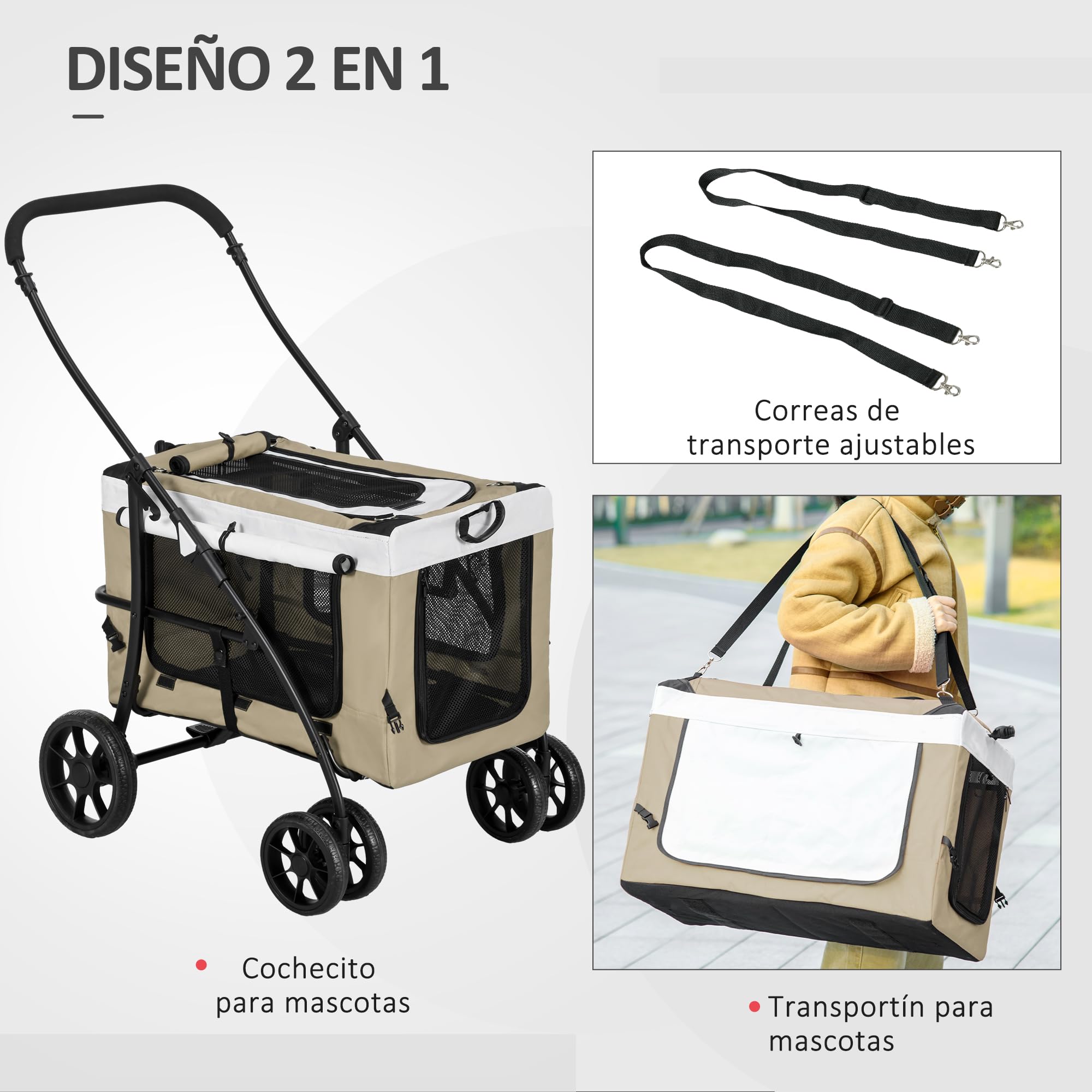 PawHut Carrito para Perros 4 en 1, Cochecito para Perros Plegable, Transportín para Mascotas con Vagón Desmontable, Cojín, Carga 10 kg, para Pequeños, Caqui