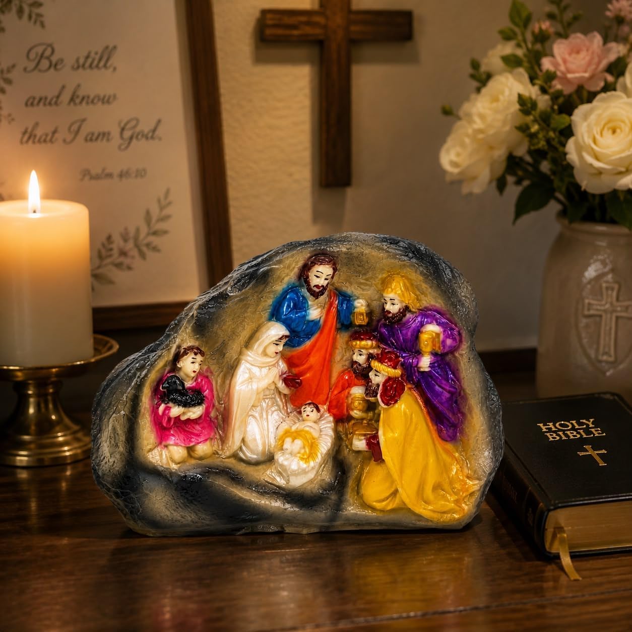 Nativity Scene Figurine 5 Inch, Hand Painted Resin & Marble Dust Christmas Nativity Set, Holy Family Birth of Jesus Tabletop Religious Decor, Christian Home Church Office Gift