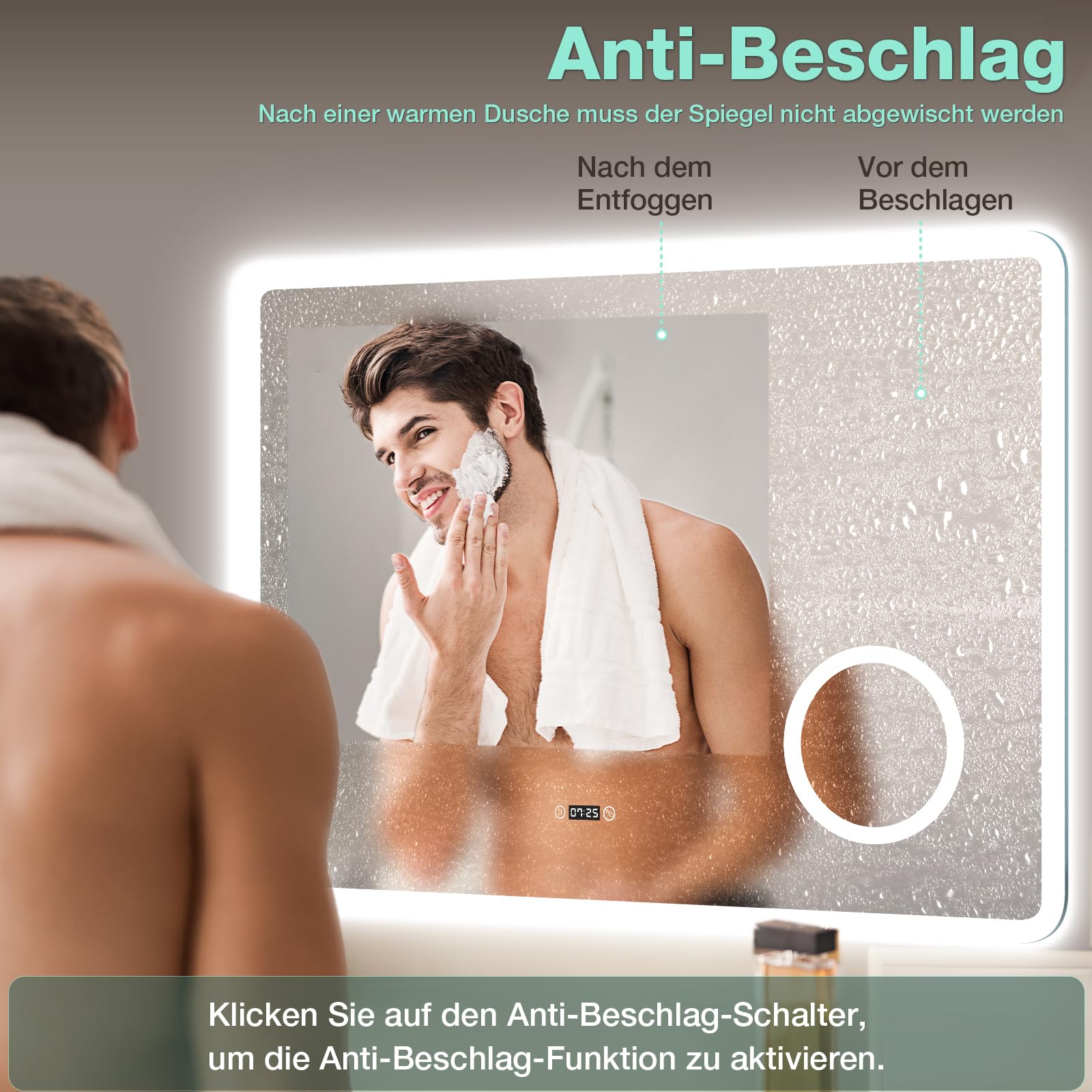 LED Bad Spiegel 80x60 cm mit Beleuchtung, 3 Lichtfarben & Dimmbar, Antibeschlag, Uhr & 3-fache Vergrößerung, Wandspiegel für Badezimmer