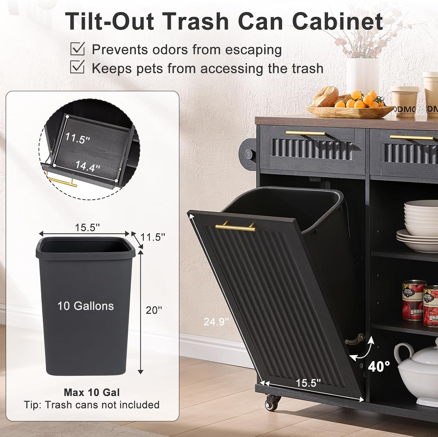 57" Kitchen Island with Storage — Kitchen Rolling Island with Trash Can Storage Cabinet, Power Outlet & Drop Leaf, Large Mobile Island Cart on Wheels with Spice & Towel Rack, Knife Holder (Black)