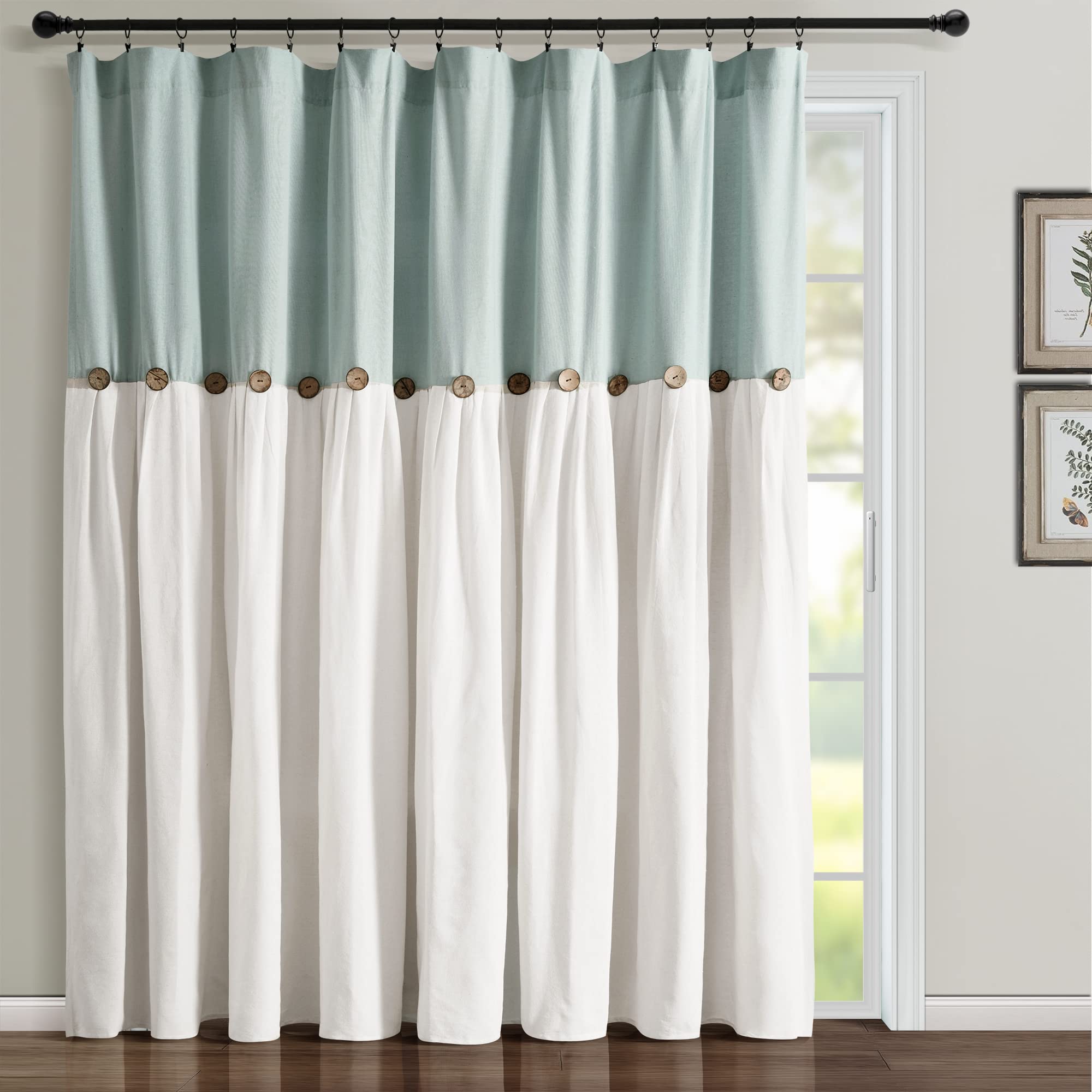 Lush Decor Linen Button Window Curtain Panel, 100" W x 84" L, Blue & White - Country Style, Extra Wide, Color Block Farmhouse for Living Room, Bedroom & Dining Room — image 1