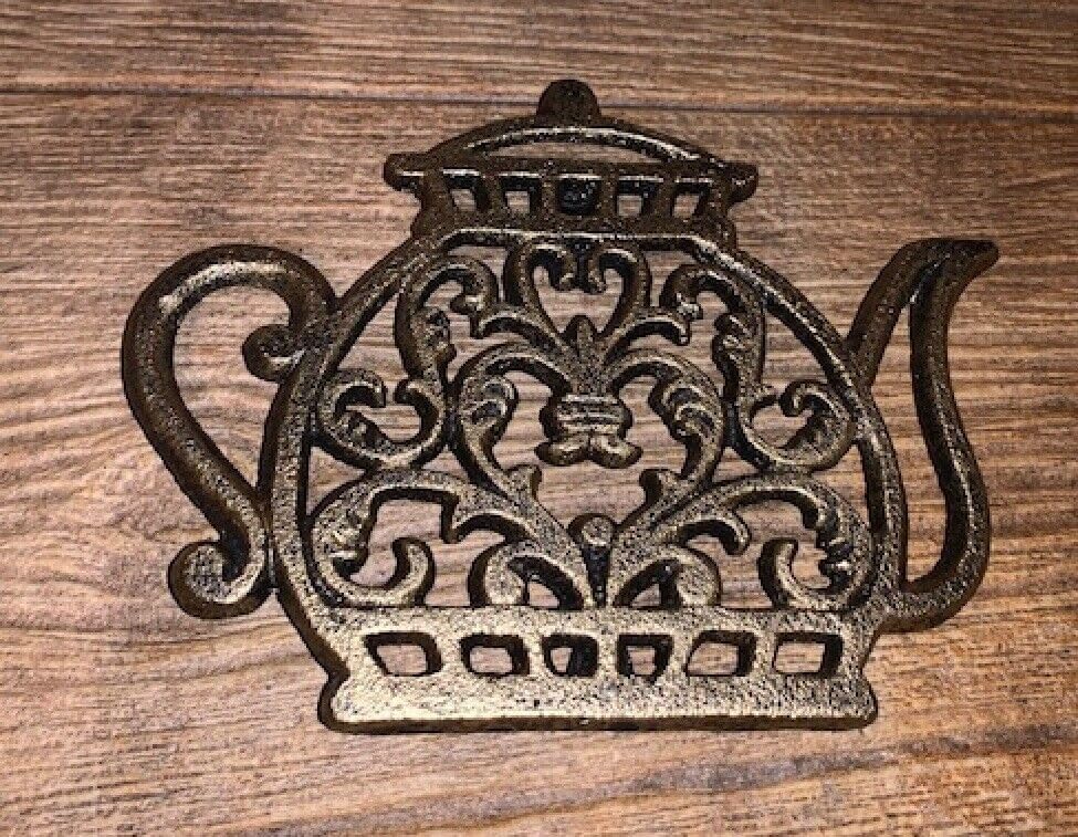 Vintage Tea Kettle Trivet Cast Iron 7.5" Wide by 6" deep Kitchen Decor 0254
