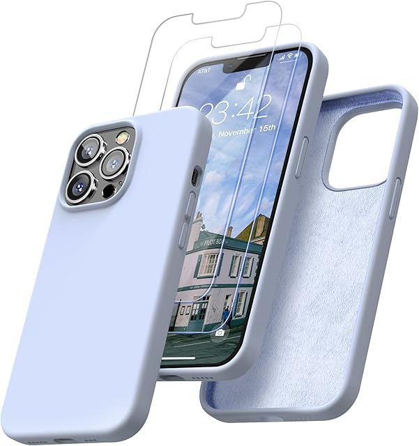 ENSKKO [5 in 1] Designed for iPhone 13 Pro Silicone Case, and 2 Pack Screen Protector + 1 Phone Stand + 1 Wiping Cloth, Liquid Silicon 13Pro Shockproof Slim Cover Case with Microfiber, Light Blue