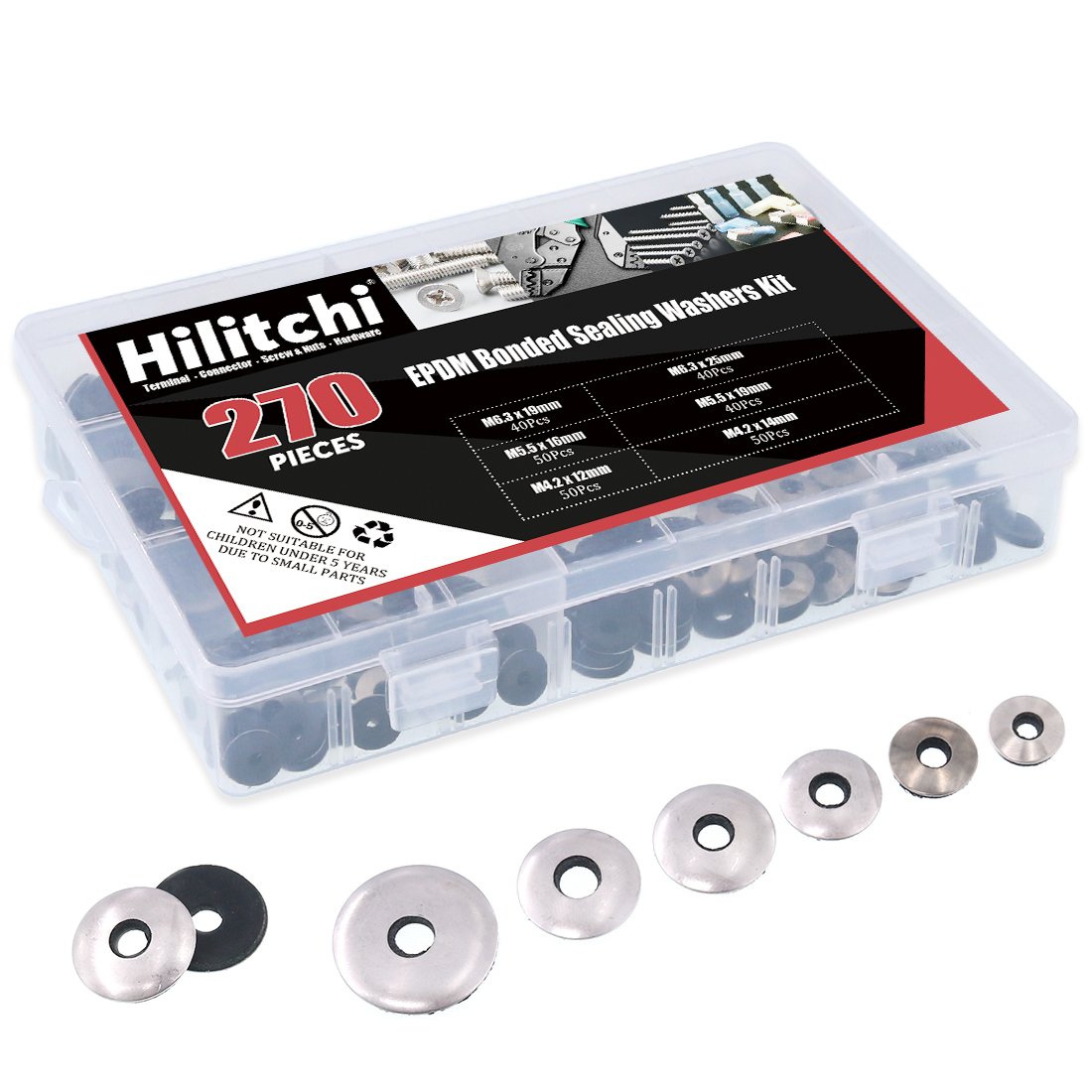 Hilitchi 270-Pcs #6#8#10#12 Stainless Steel Neoprene EPDM Bonded Sealing Gasket Washers Assortment Kit (Pack of 2)