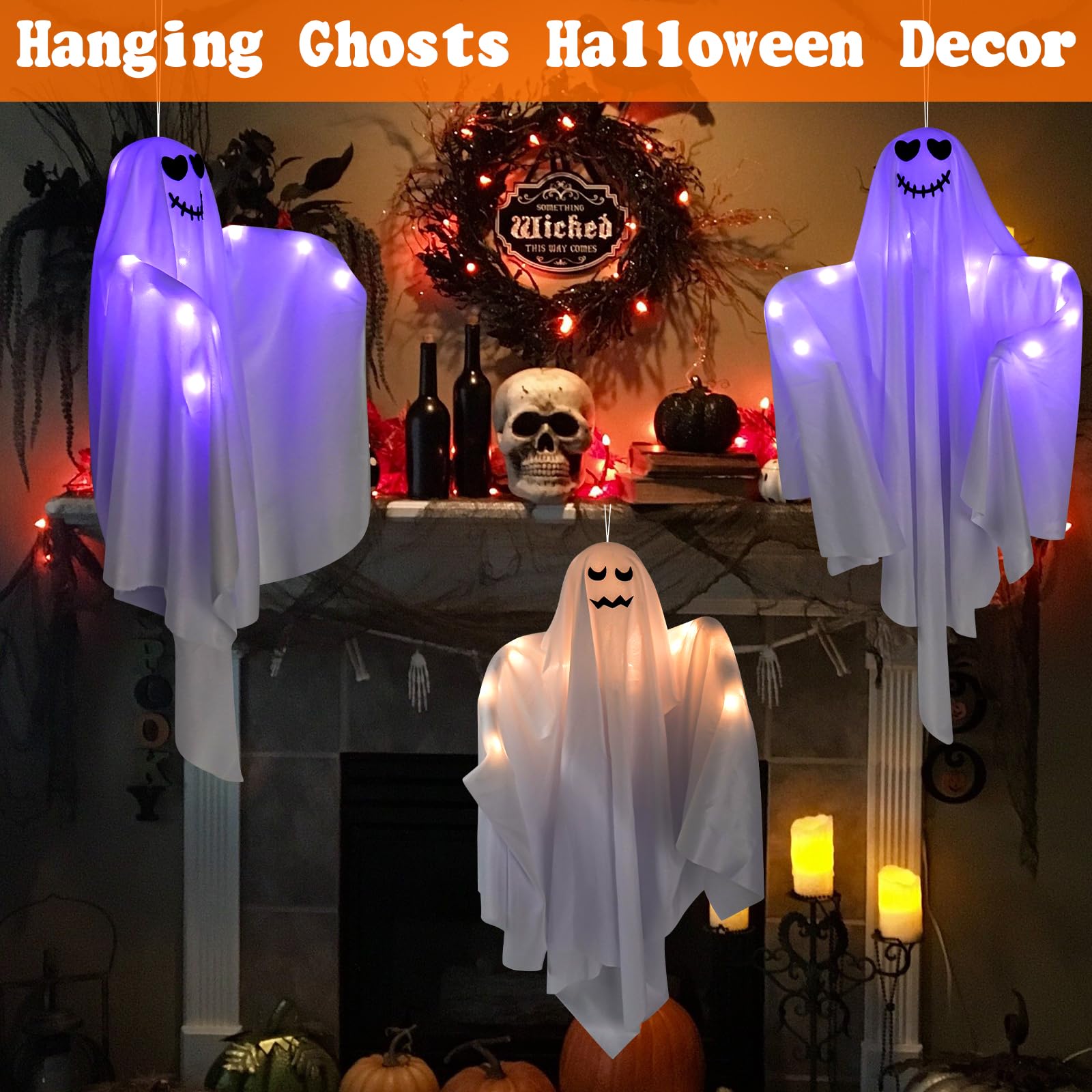 Luz Fantasma Colgante Halloween, 2 Piezas Fantasma Halloween Decoracion, Decoración Halloween Exterior Interior, Colgante Espeluznante Decoración para jardín, Ventana, Bar