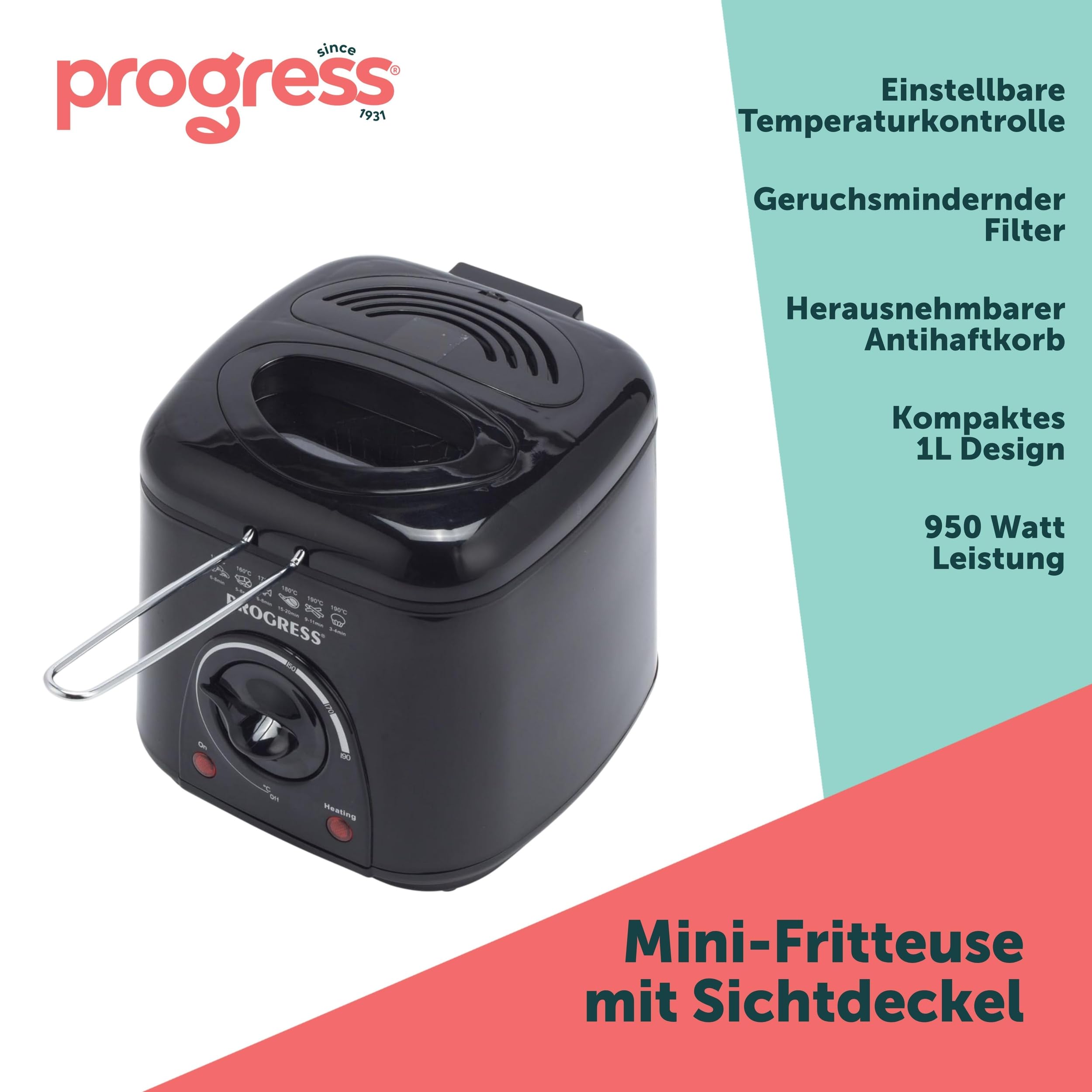 Progress Kompakte 1L Mini-Fritteuse – Herausnehmbarer, antihaftbeschichteter Korb, leicht zu reinigen, rutschfeste Standfüße, einstellbare Temperaturkontrolle & geruchsmindernder Filter, 950 W