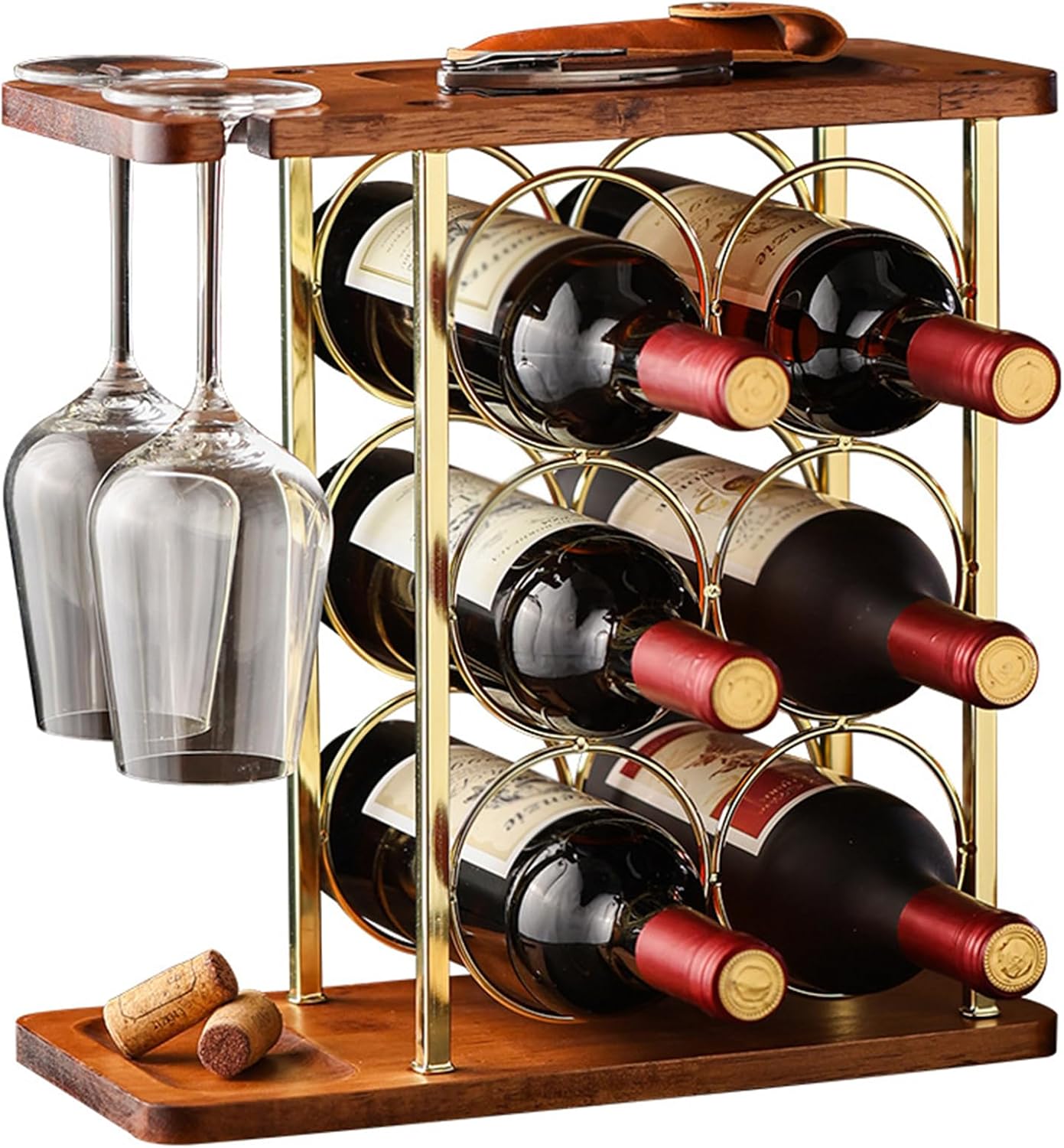 Soporte para Botellas de Vino de Madera Rústica 6 Botellas 3 Niveles