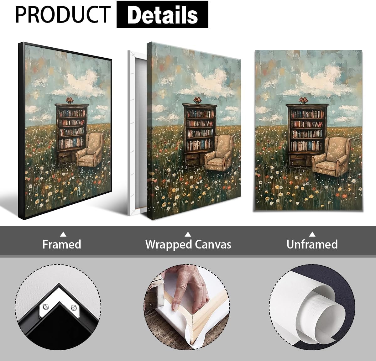 YOZWNGU Book Canvas Wall Art, Bookshelf and Sofa In Floral Field Poster, Impressionist Flower Landscape Painting Library Reading Nook Decor, Rustic French Country Bookish Print Gifts 24x36in Unframed