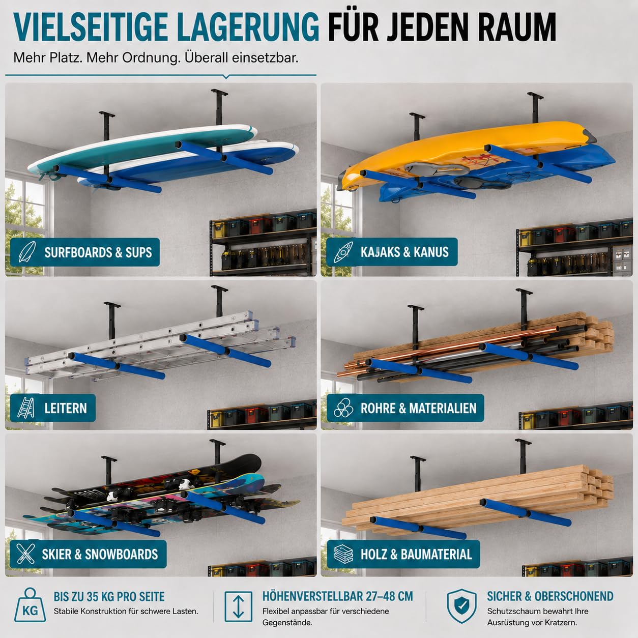 QLS Lot de 2 étagères suspendues - Pour le plafond - Échelle, kayak, planche de surf, rangement d'outils - Bleu