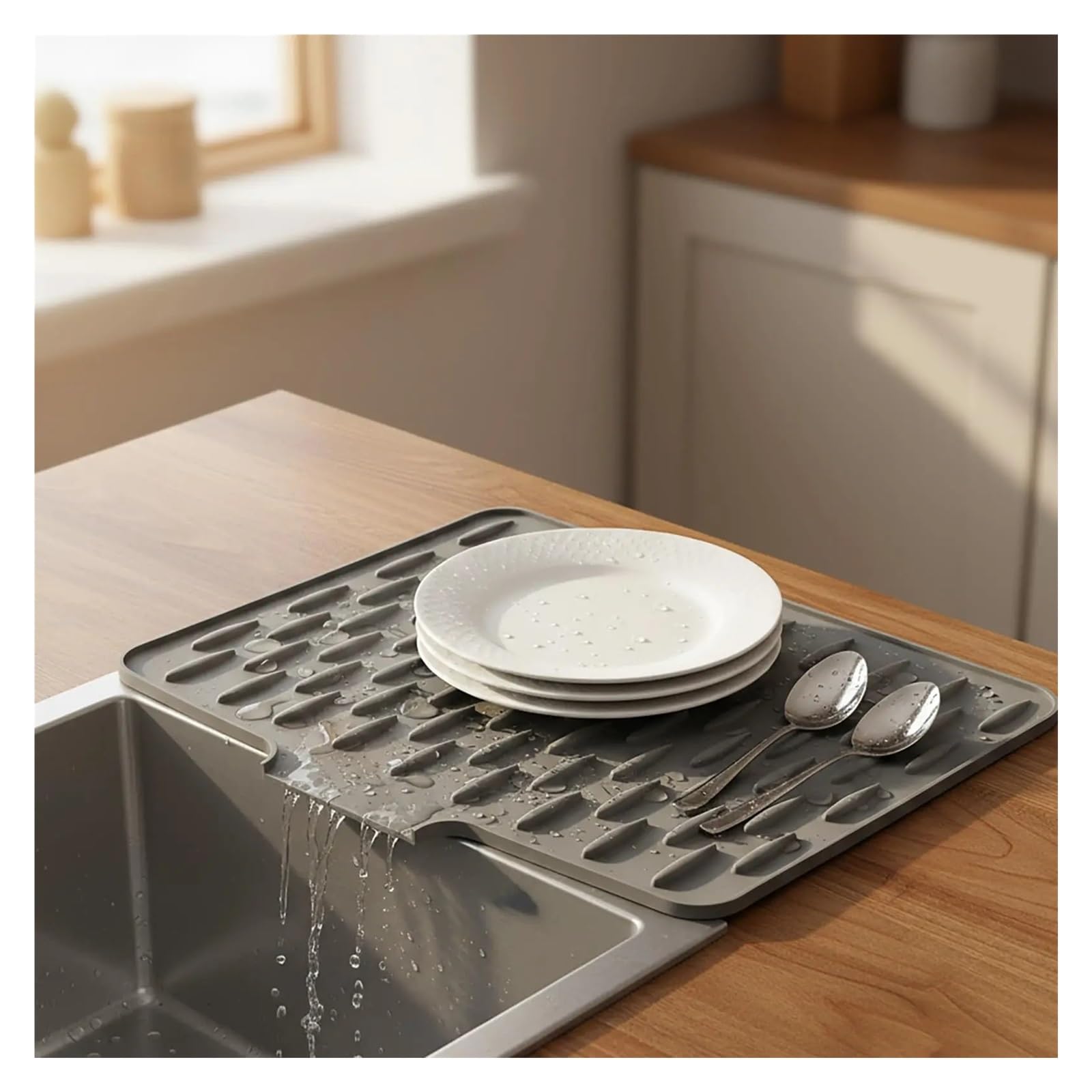 Almohadilla de Drenaje Silicona, tapete Secado for ollas, Platos, vajilla, tapetes Antideslizantes, Posavasos antiescaldaduras, Utensilios(Light Grey)