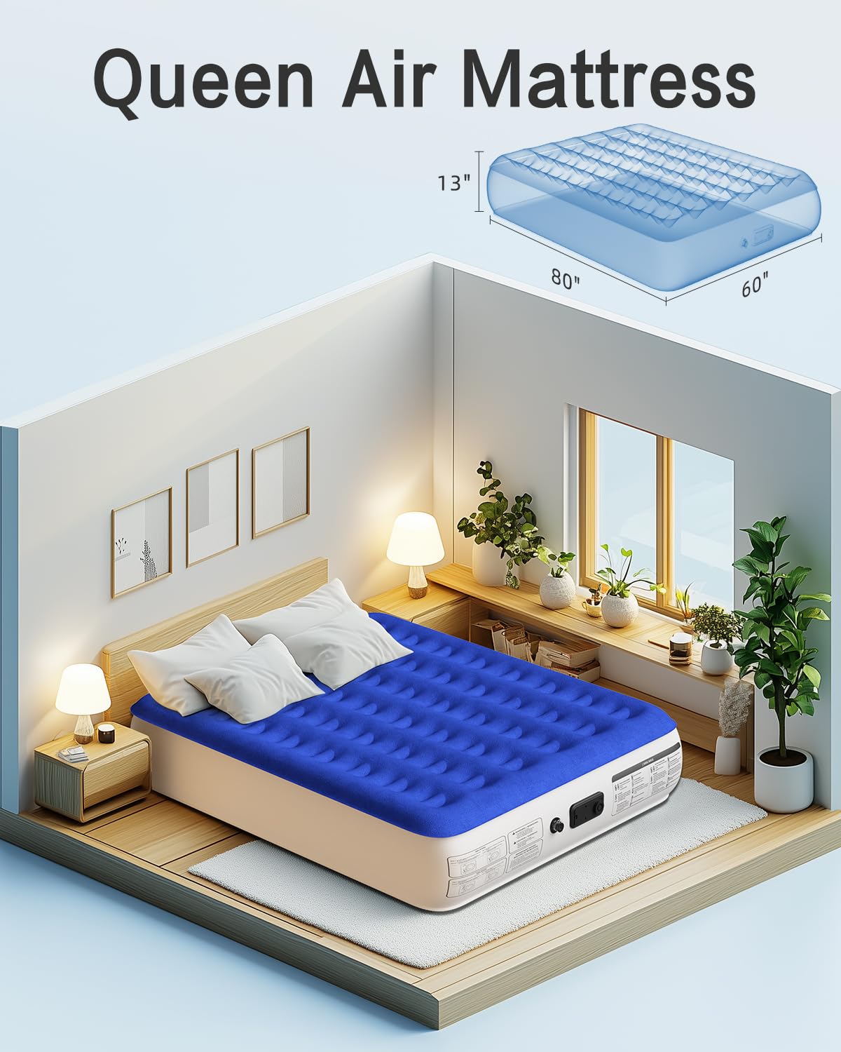 Xsleep Materac dmuchany typu queen, 33 cm, wysoki, dmuchany materac typu queen-size, z wbudowaną gałką pompy, aktywowany 1-3 minuty, szybkie nadmuchiwanie/spuszczanie powietrza, do wszystkich miejsc