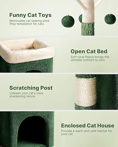 Miniatura 4 de Árbol de cactus para gatos de interior, torre pequeña para gatos de 30 pulgadas con poste rascador verde, condominio acogedor, perchas de felpa y