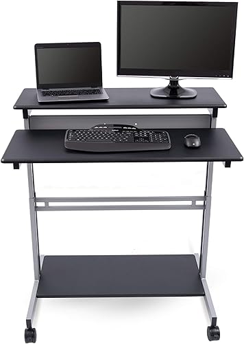 Miniatura 52 de Estación de trabajo para computadora, escritorio con soporte ergonómico móvil con estantes de 48", marco de acero, negro, plateado, (Black Shelves /