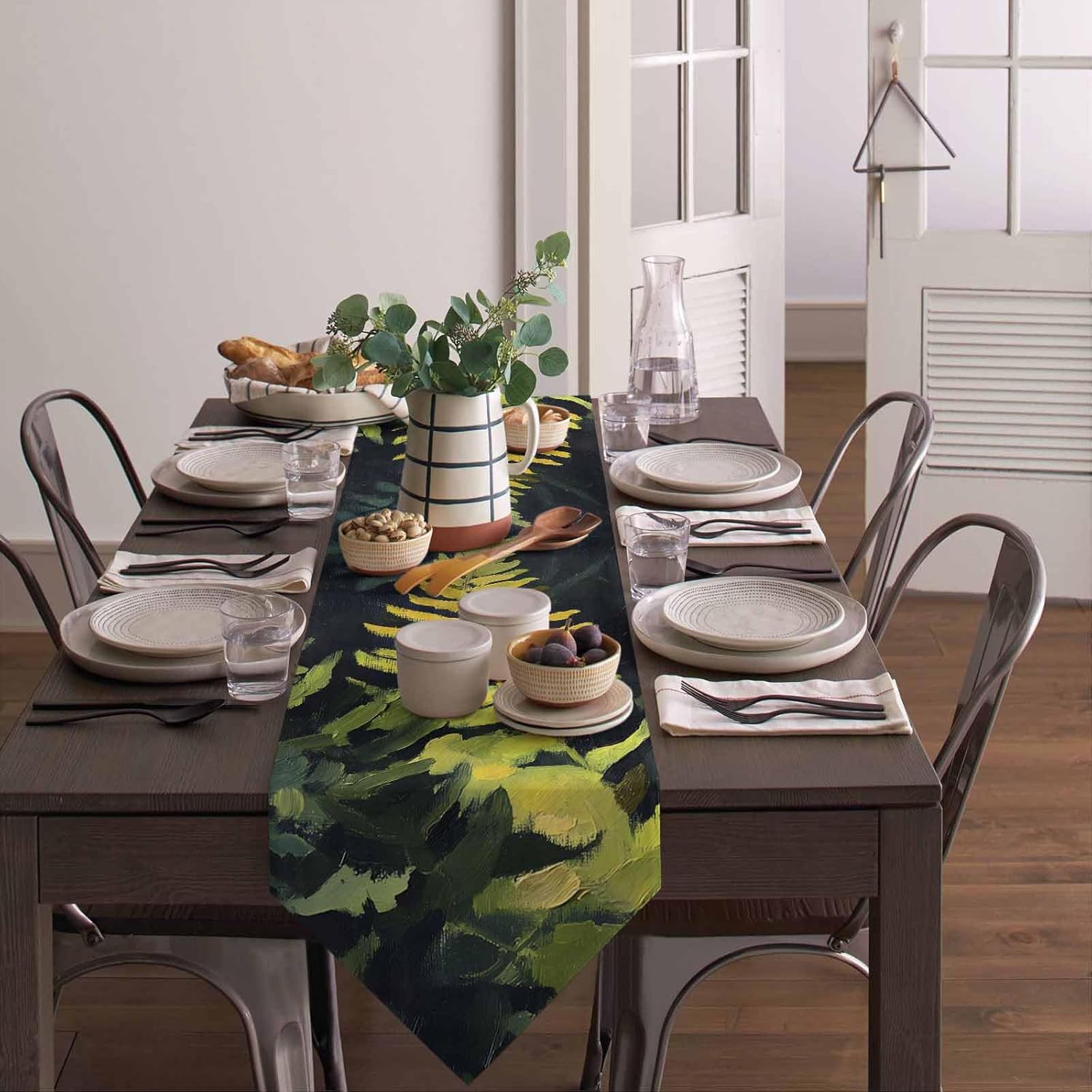 Table Runner Dresser Scarves Natural Spring Green Botanical Leaves Linen Burlap Table Cover Watercolor Fern Plants Table Runners for Family Kitchen Dining Holiday Party Banquet Decor