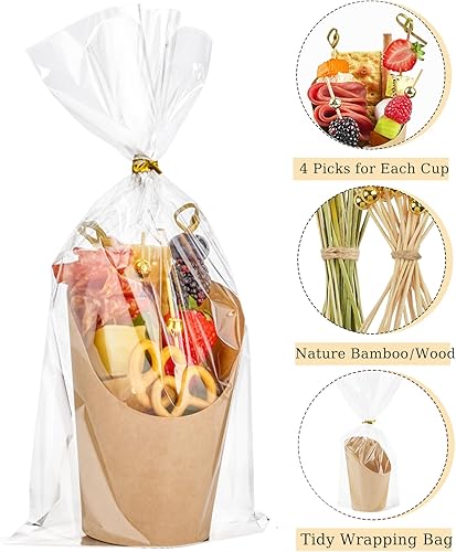 Miniatura 5 de Ocmoiy Vasos de charcutería con palillos y bolsas, vasos desechables marrones de papel kraft de 14 oz para aperitivos, vasos individuales para