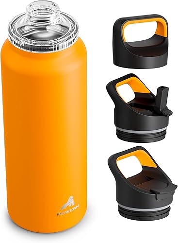 Miniatura 10 de Botella de agua aislada de 40 onzas para pesca: 3 tapas, a prueba de fugas, mantiene el hielo 24H y caliente 12H, de doble pared, gran botella de