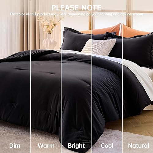 Miniatura 9 de MUXHOMO Juego de edredón Queen de 3 piezas, edredón negro para cama tamaño Queen, juego de ropa de cama suave y cálido para todas las estaciones, 1