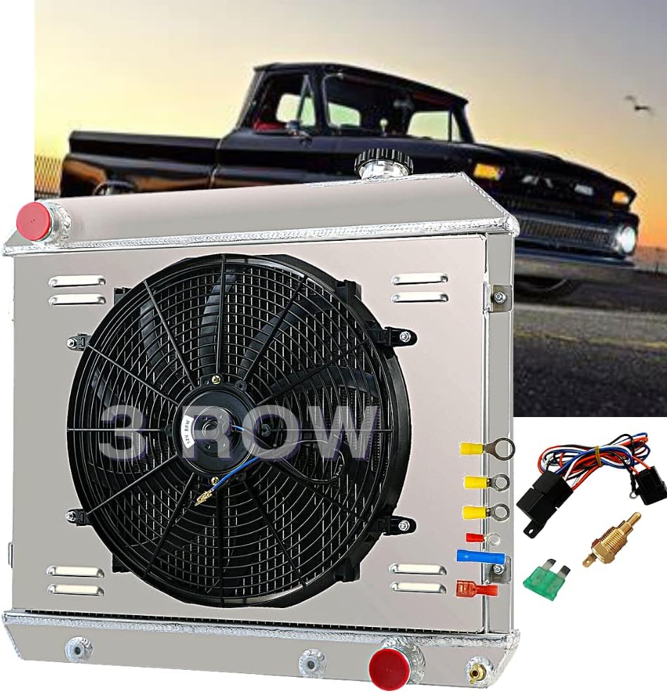 3 Row Core Aluminum Radiator for 1963-1966 Chevy C10 C20 C30 K10 K20 Pickup/Surburban GMC Pontiac Catalina +Shroud + Relay+ Fan(16 Inches) 1964 1965