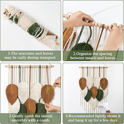 Miniatura 7 de KHOYIME Tapiz tejido de macramé con hojas para colgar en la pared, decoración del hogar, moderno, bohemio, hecho a mano, plumas, decoración de pared