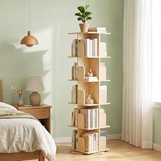 Drehbares Bücherregal 360° Frei, Bücherregal Drehbar Farbe Naturholz, Bücherregal Kinder, für Wohnzimmer, Arbeitszimmer, Büro, als Raumteiler, 5 Ebenen