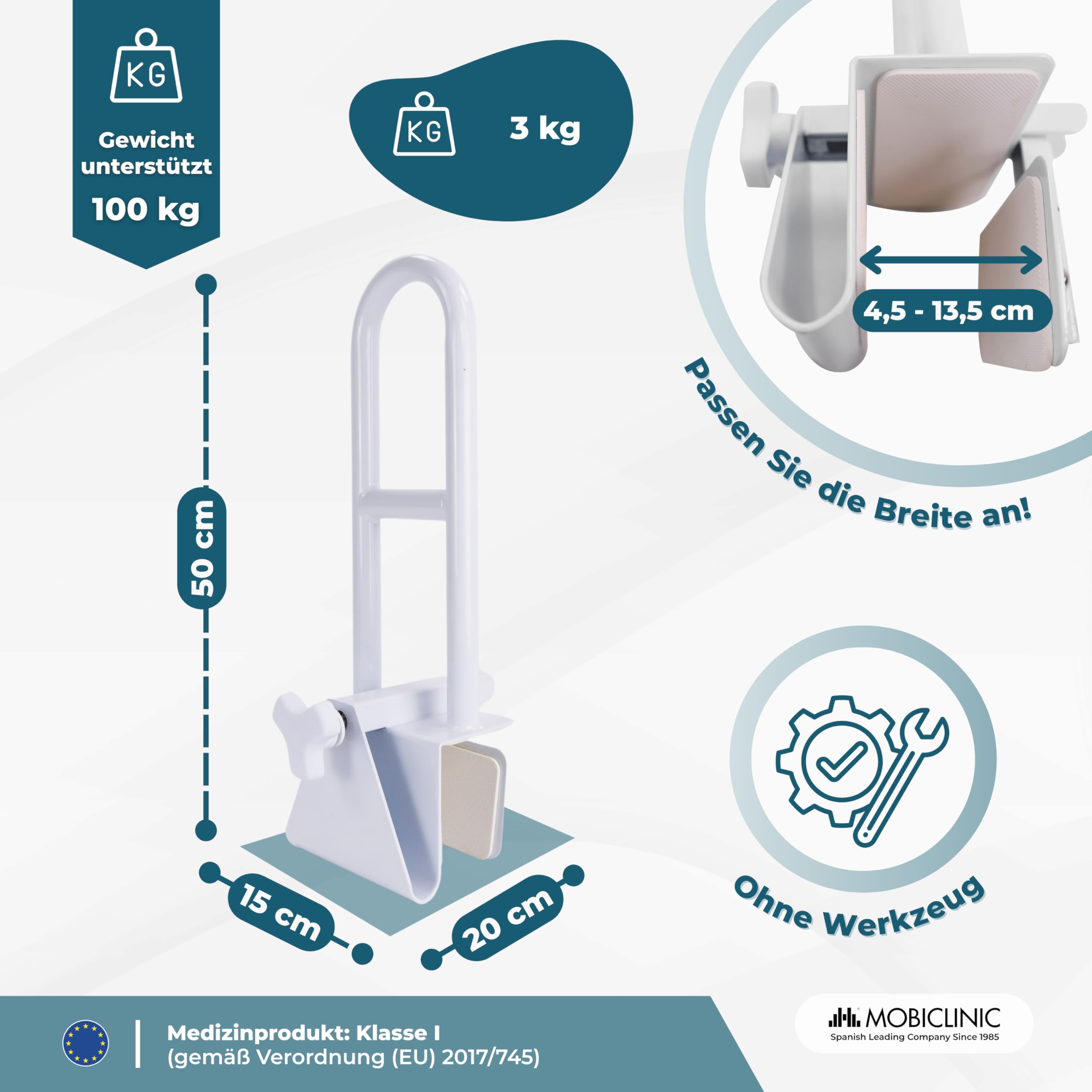 Mobiclinic, Einstiegshilfe Badewanne Senioren, Mit glatten Kanten (4,5 – 13,5 cm), ergonomischer Griff, max. 100 kg, klinische und häusliche Nutzung, sicher und funktional, Mobibary