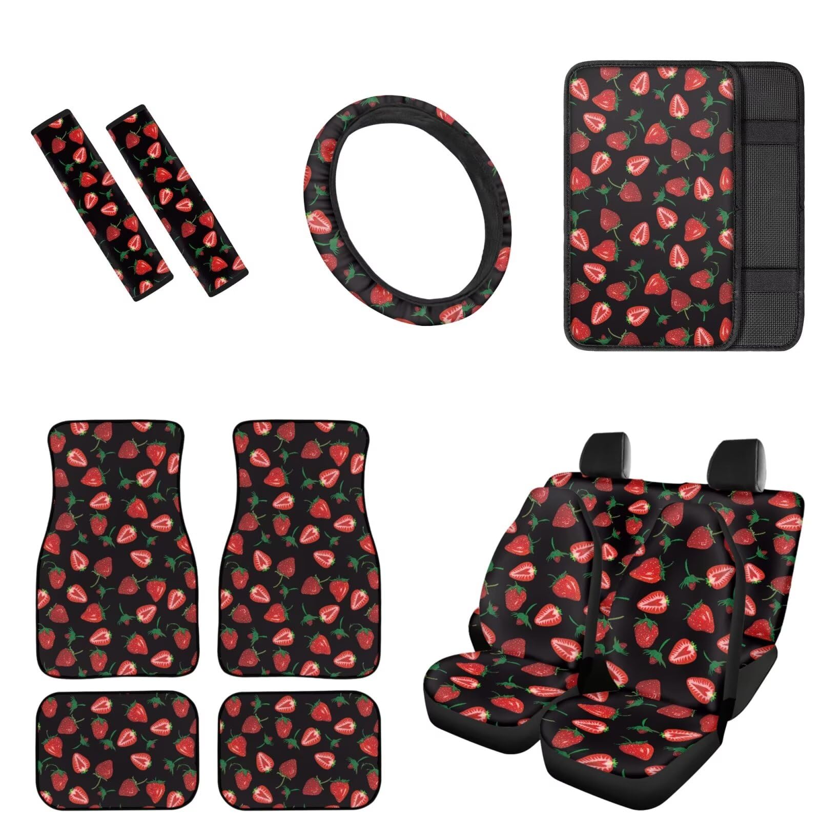 Animepark Red Strawberry Car Accessories Car Seat Cover Full Set, Car Mat 4 Piece and Car Steering Wheel Cover, Armrest Cover for Car and Seat Belt