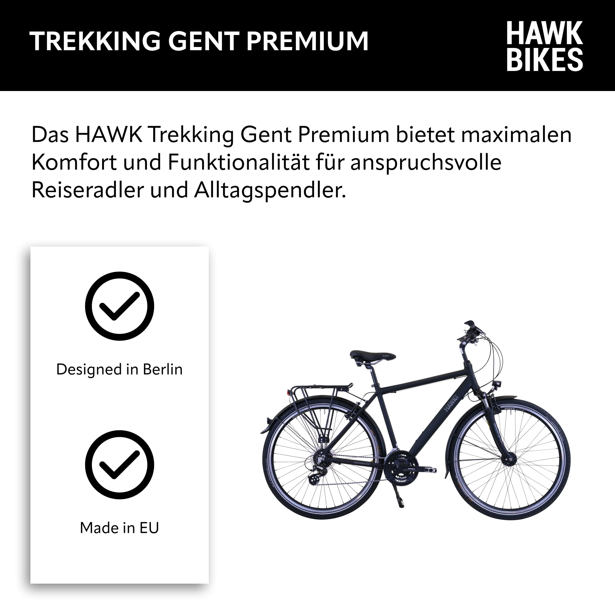 HAWK Trekking Gent Premium Fahrrad Herren I Tolles Trekkingrad mit Microshift 24 Gang Kettenschaltung & LED Beleuchtung I Allrounder I Schwarz