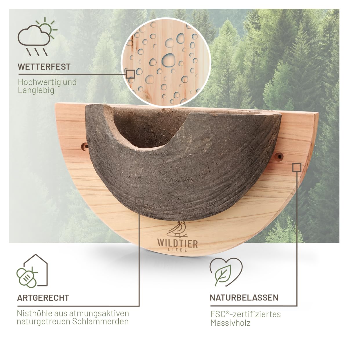 Nido per rondini in legno massiccio e argilla naturale wildtier liebe - resistente agli agenti atmosferici