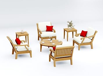 7 Pc Teak Wood Lounge Chair Set 4 Lounge Chairs, Round Coffee Table & 2 Side Tables with Cushions in Outdoor Sunbrella Fabric #5404 Canvas Natural